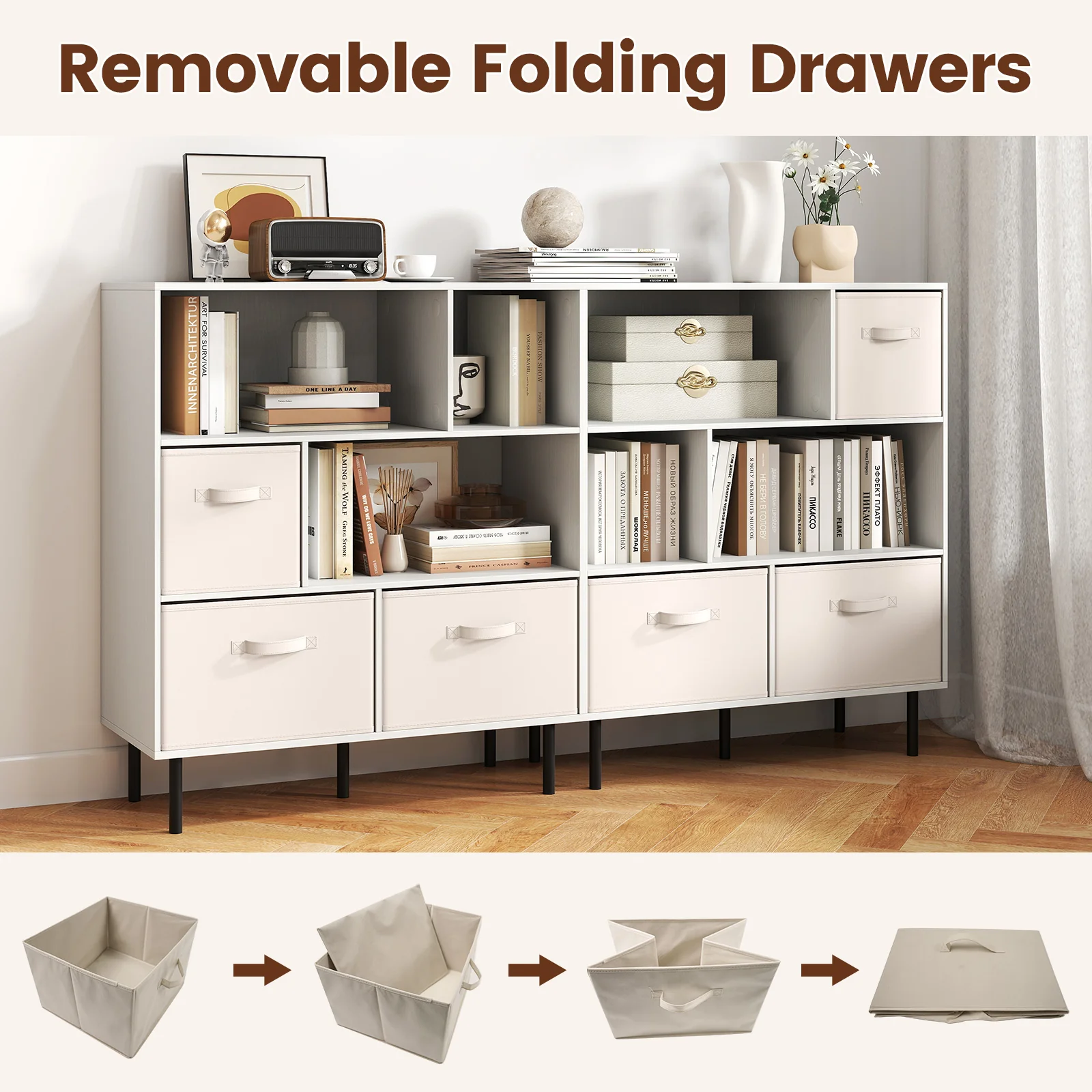 6-Cube Bookshelf with 3 Removable Folding Fabric Drawers for Living Room, White - Image 10
