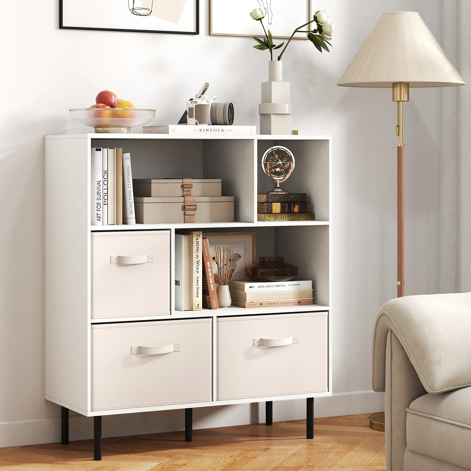 6-Cube Bookshelf with 3 Removable Folding Fabric Drawers for Living Room, White - Image 2