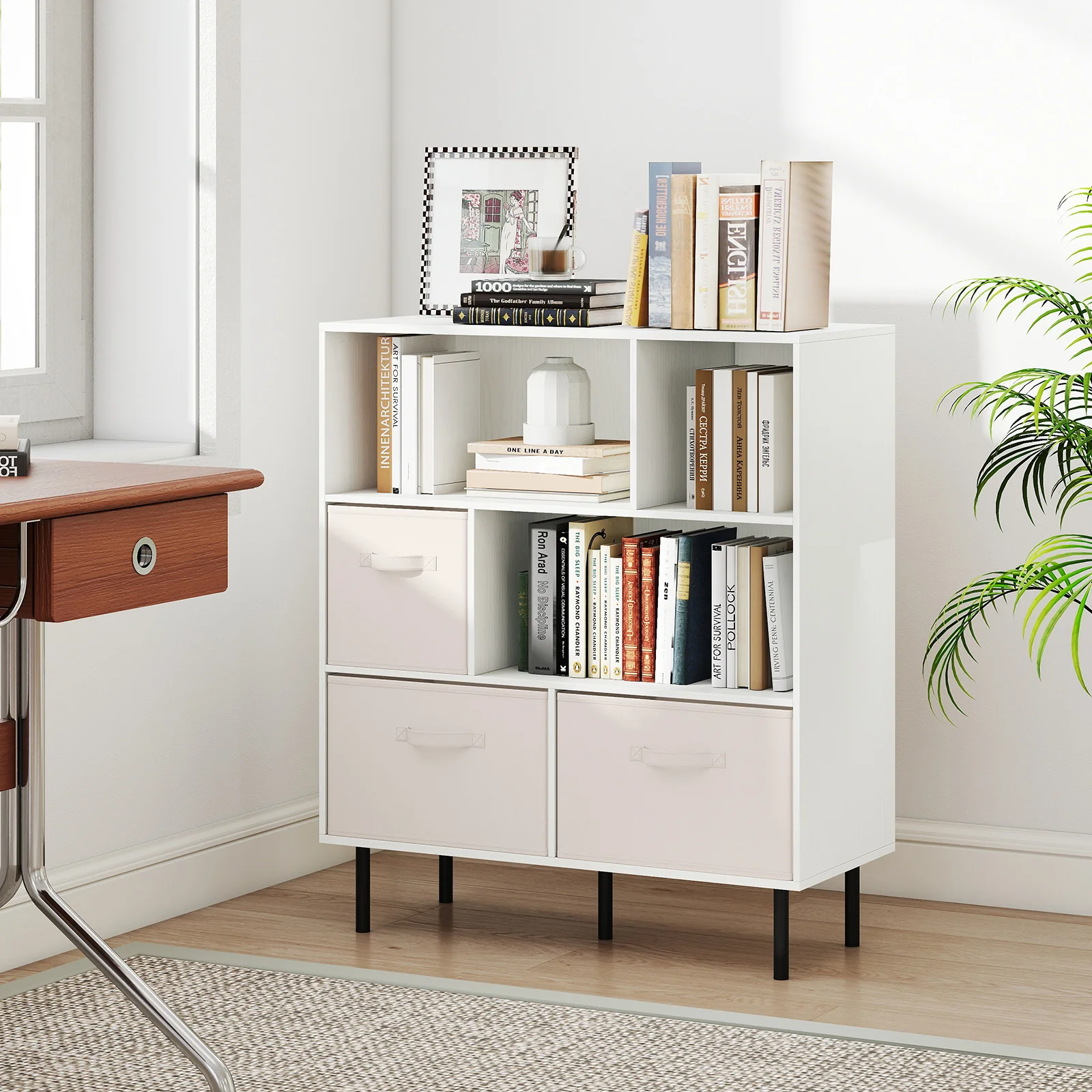 6-Cube Bookshelf with 3 Removable Folding Fabric Drawers for Living Room, White - Image 3