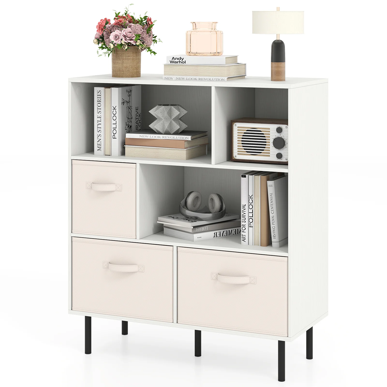 6-Cube Bookshelf with 3 Removable Folding Fabric Drawers for Living Room, White - Image 5