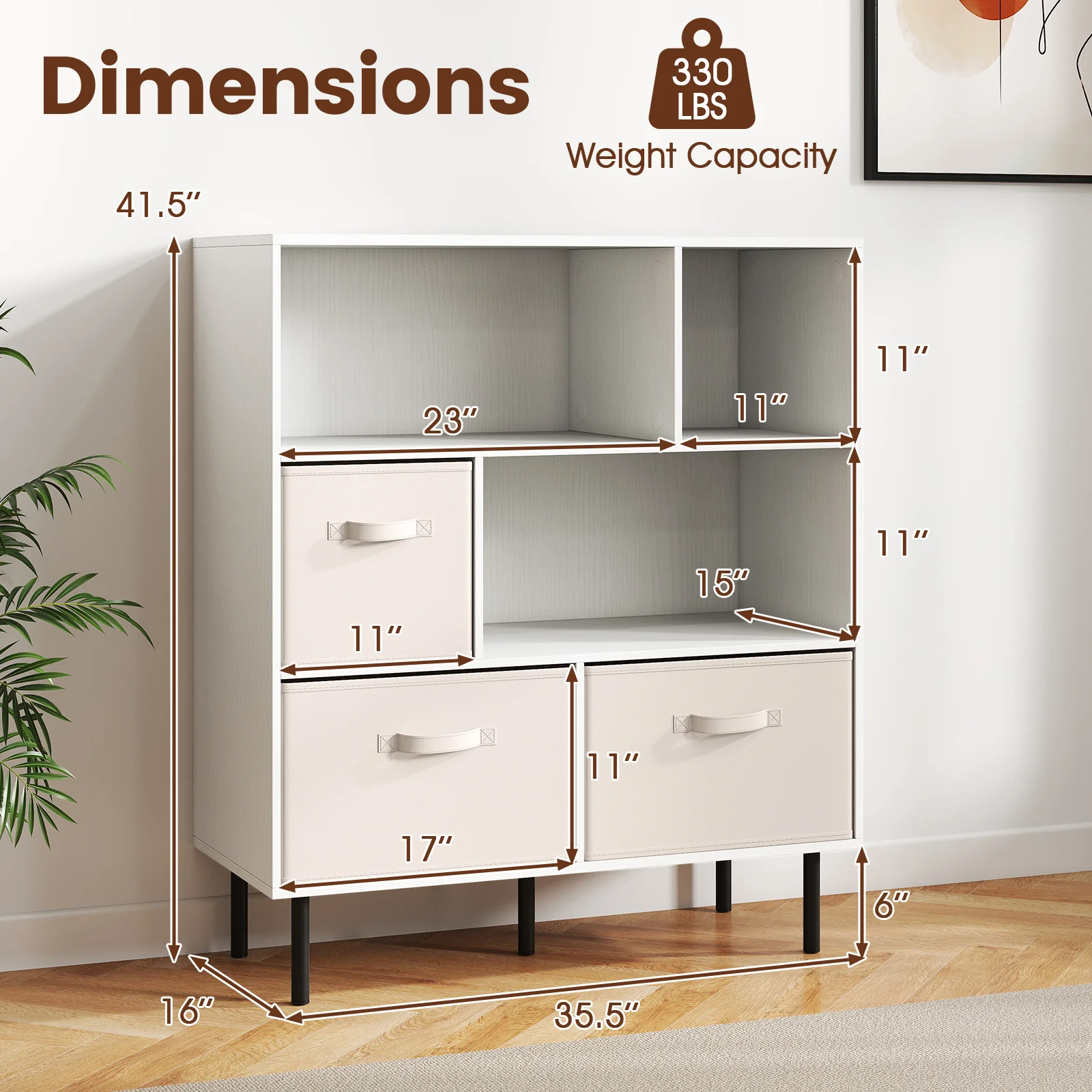 6-Cube Bookshelf with 3 Removable Folding Fabric Drawers for Living Room, White - Image 6