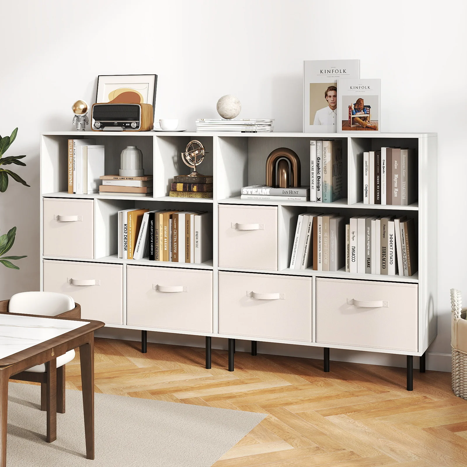 6-Cube Bookshelf with 3 Removable Folding Fabric Drawers for Living Room, White - Image 7