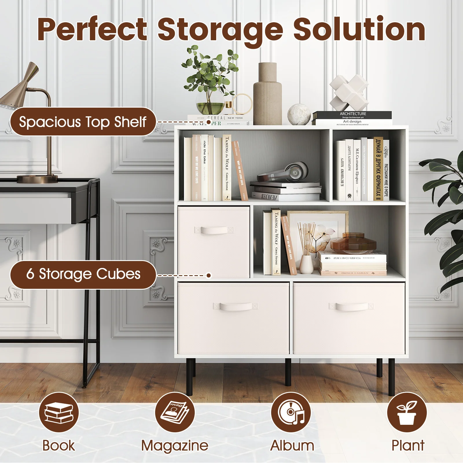 6-Cube Bookshelf with 3 Removable Folding Fabric Drawers for Living Room, White - Image 8