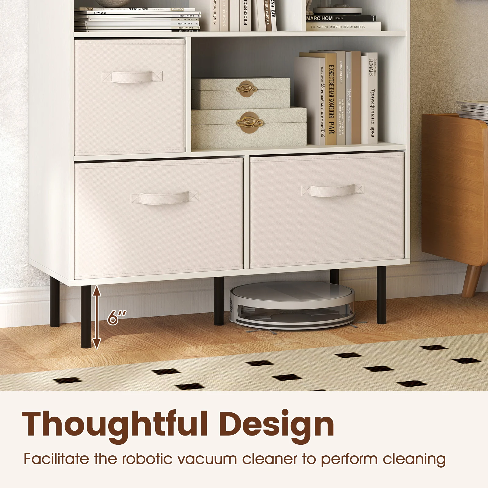 6-Cube Bookshelf with 3 Removable Folding Fabric Drawers for Living Room, White - Image 9