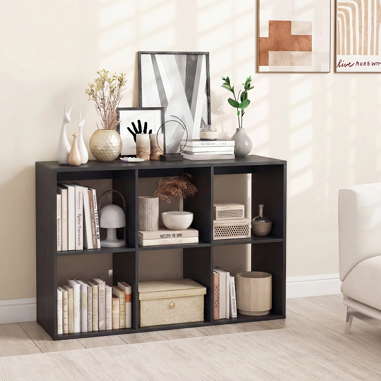6 Cube Bookshelf With Back Guardrail, Black - Image 2