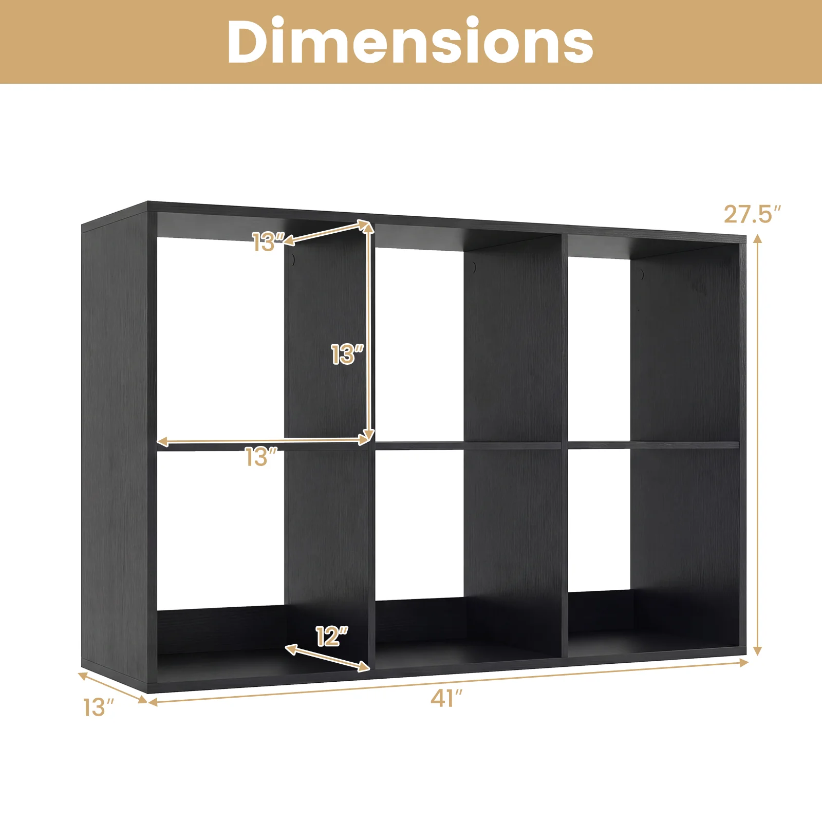 6 Cube Bookshelf With Back Guardrail, Black - Image 5
