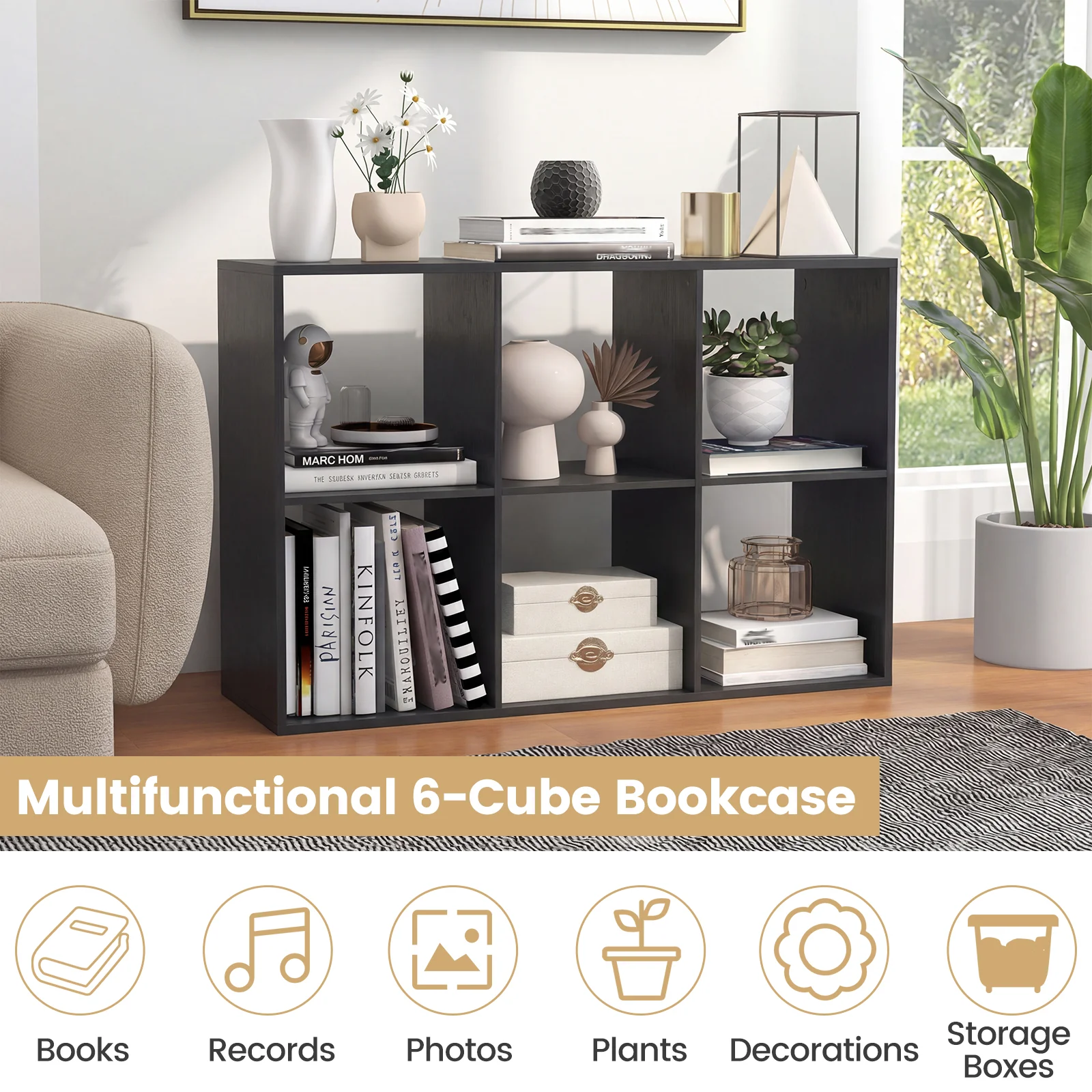6 Cube Bookshelf With Back Guardrail, Black - Image 6