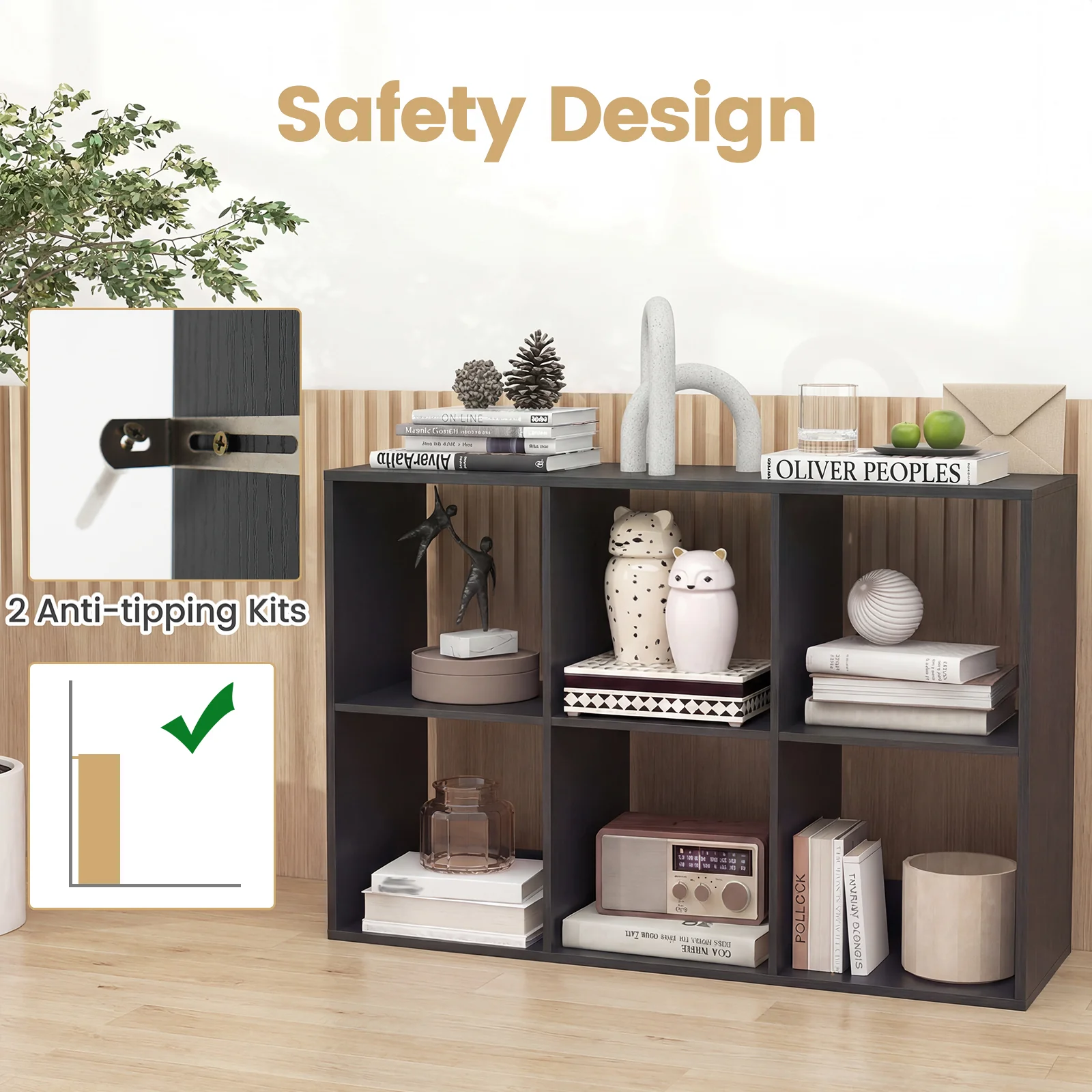 6 Cube Bookshelf With Back Guardrail, Black - Image 7
