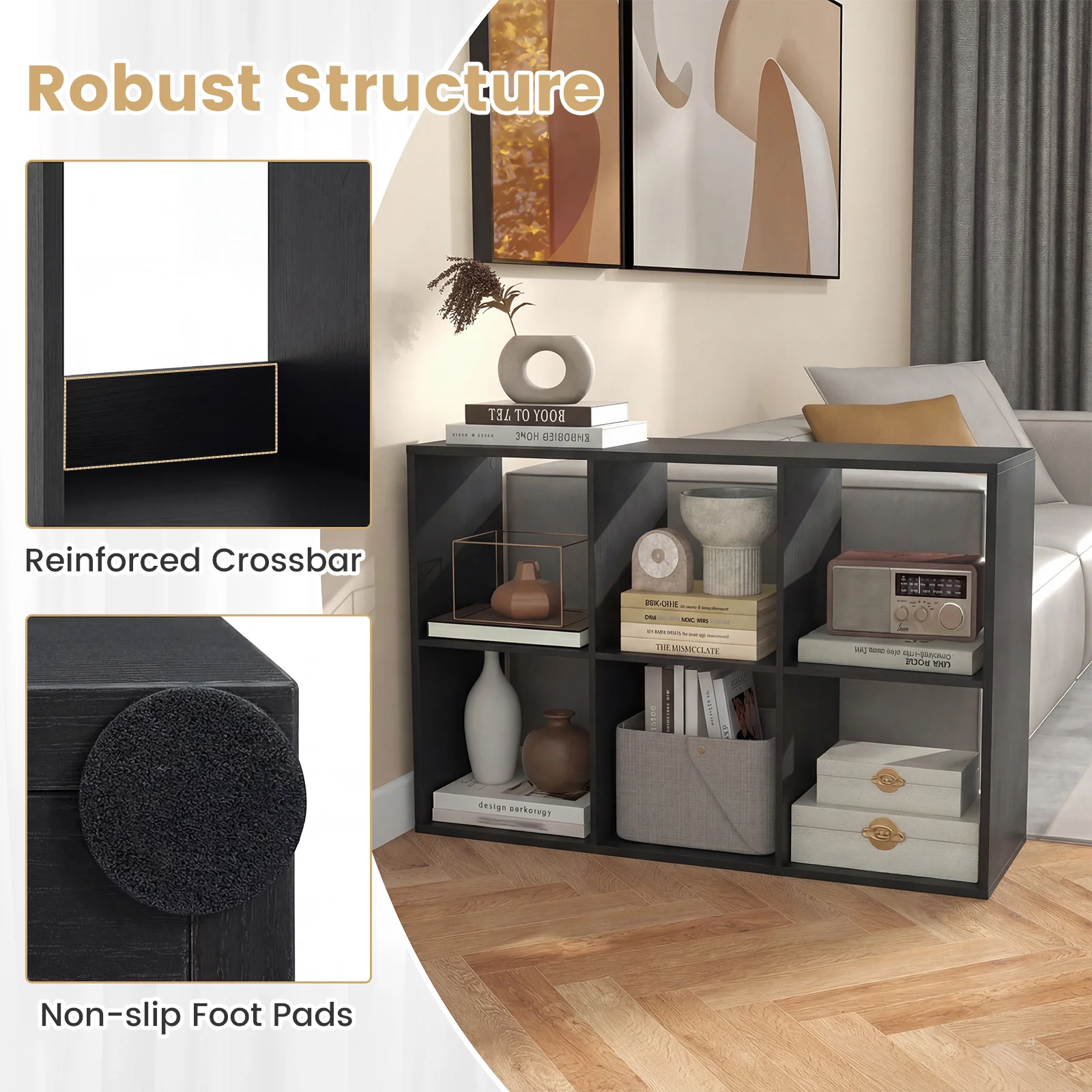 6 Cube Bookshelf With Back Guardrail, Black - Image 9