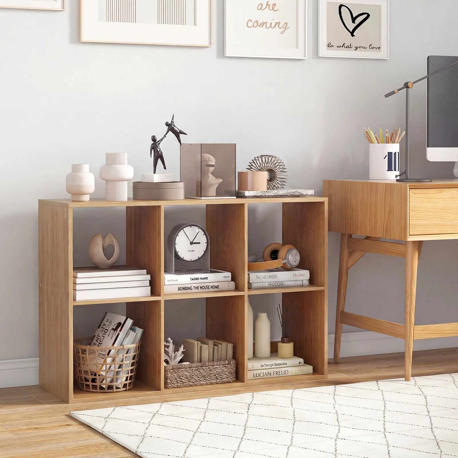 6 Cube Bookshelf With Back Guardrail, Natural - Image 2
