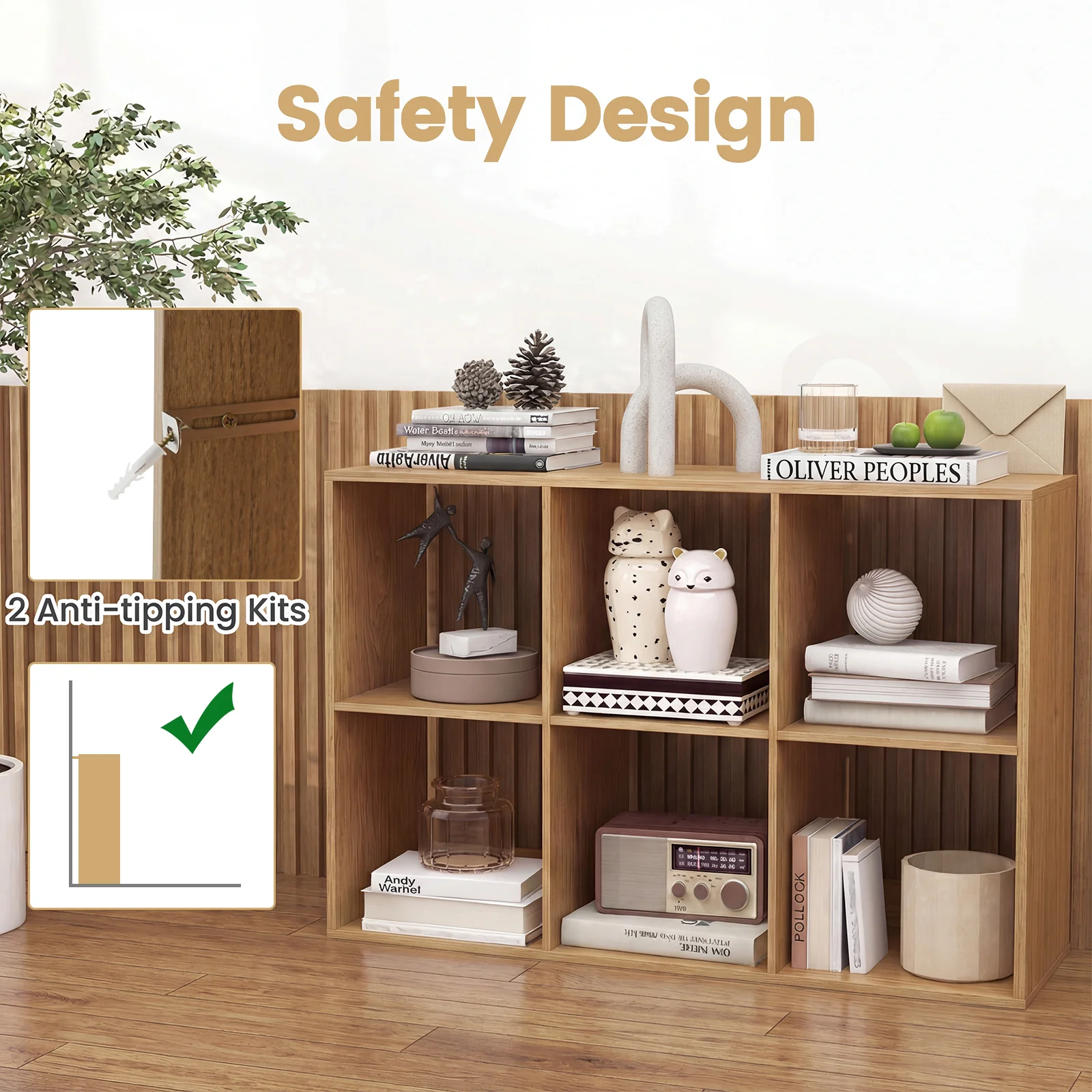 6 Cube Bookshelf With Back Guardrail, Natural - Image 7