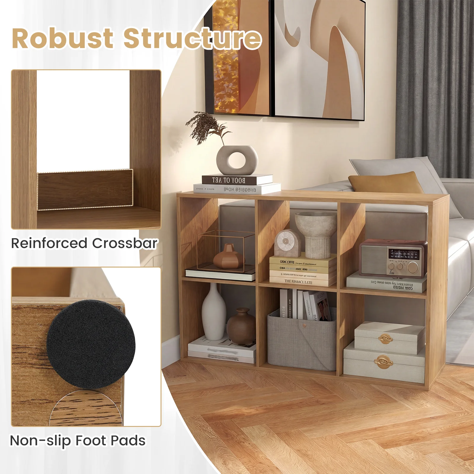 6 Cube Bookshelf With Back Guardrail, Natural - Image 9
