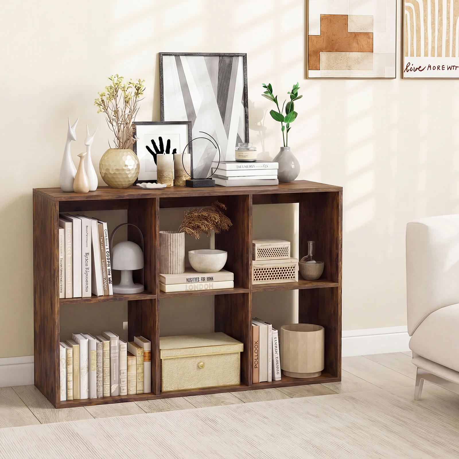 6 Cube Bookshelf With Back Guardrail, Brown - Image 2