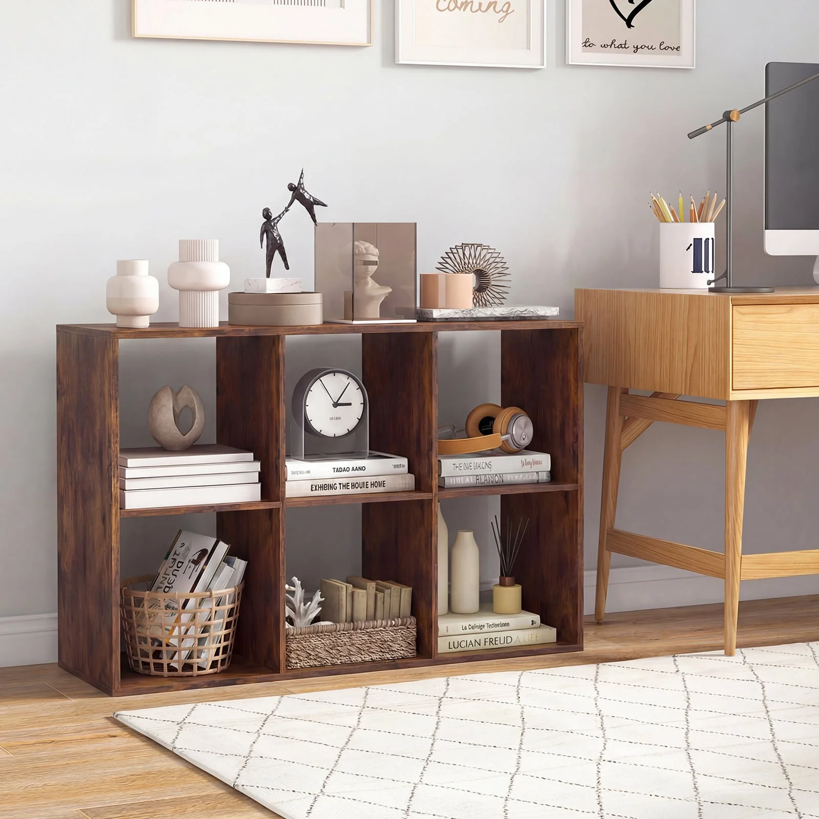6 Cube Bookshelf With Back Guardrail, Brown - Image 3