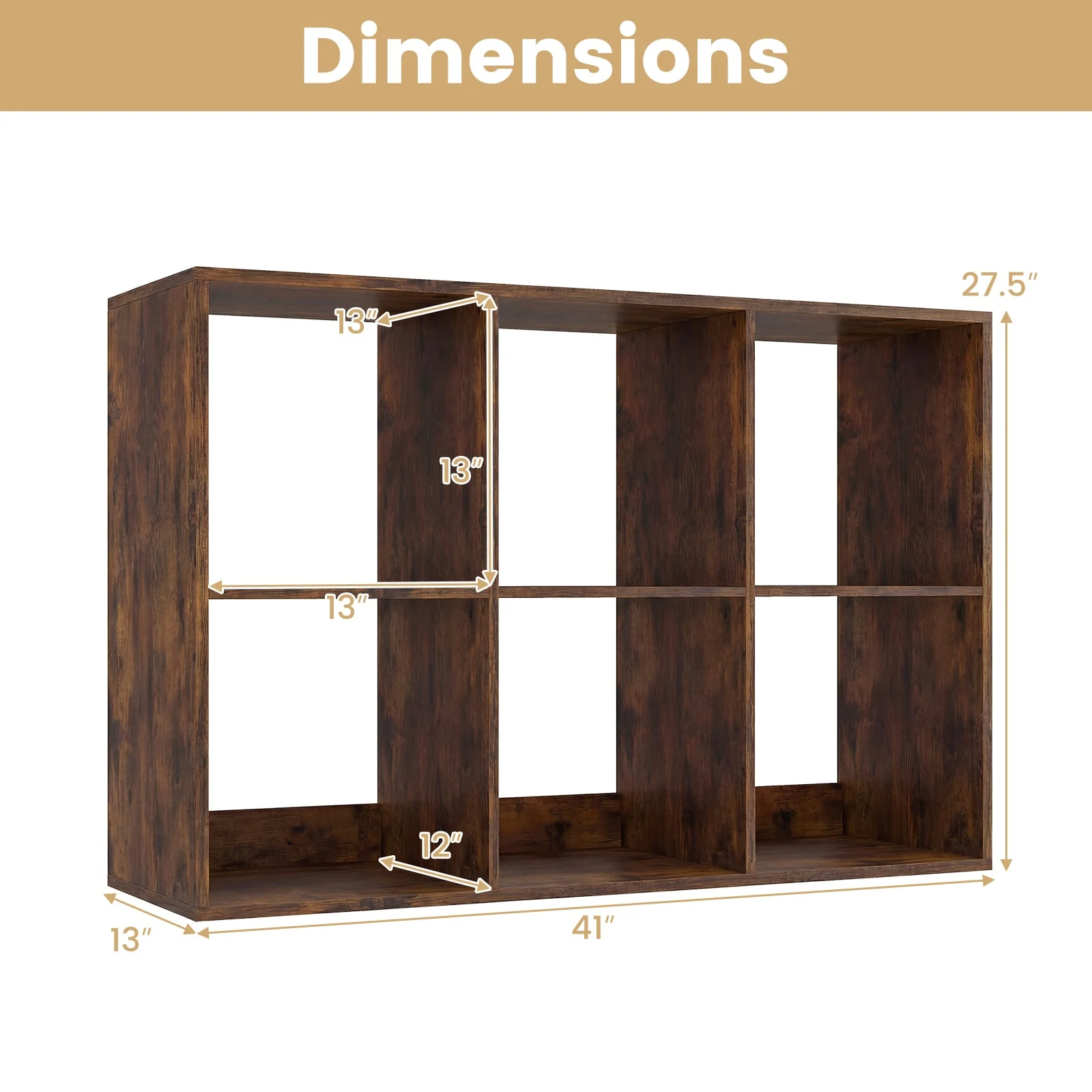 6 Cube Bookshelf With Back Guardrail, Brown - Image 5
