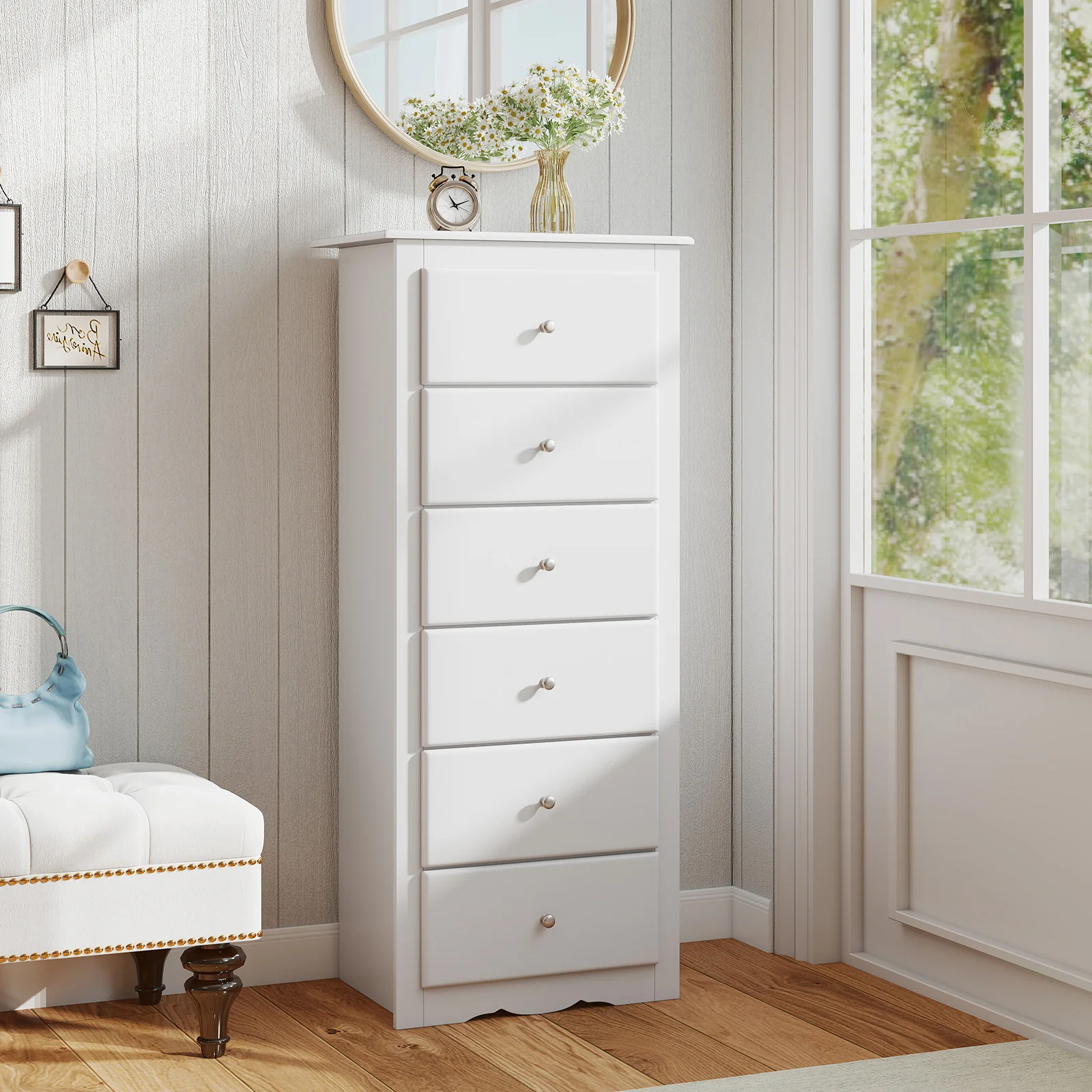 6 Drawer Chest Dresser, Bedroom Clothes Storage Cabinet, White - Image 2