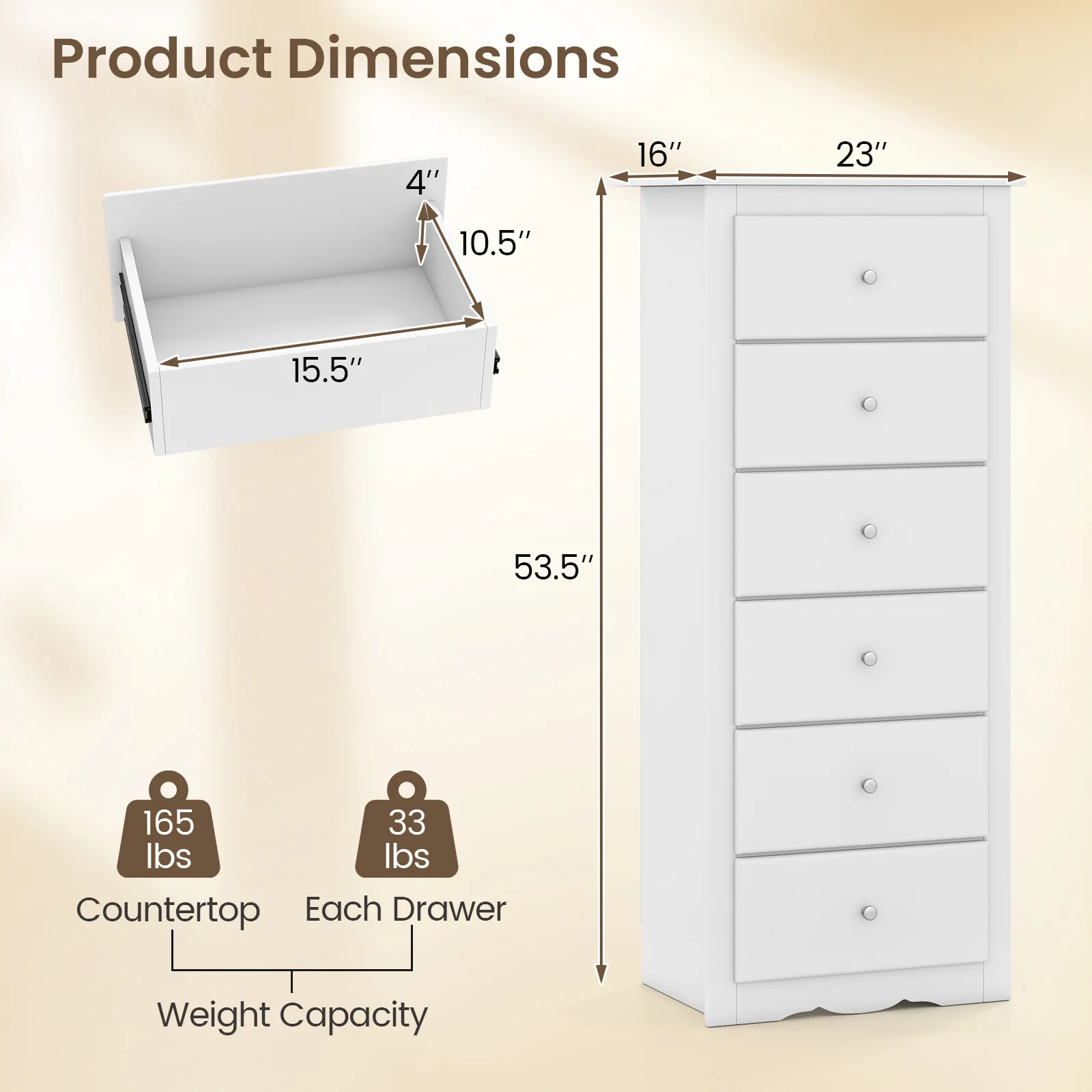 6 Drawer Chest Dresser, Bedroom Clothes Storage Cabinet, White - Image 6