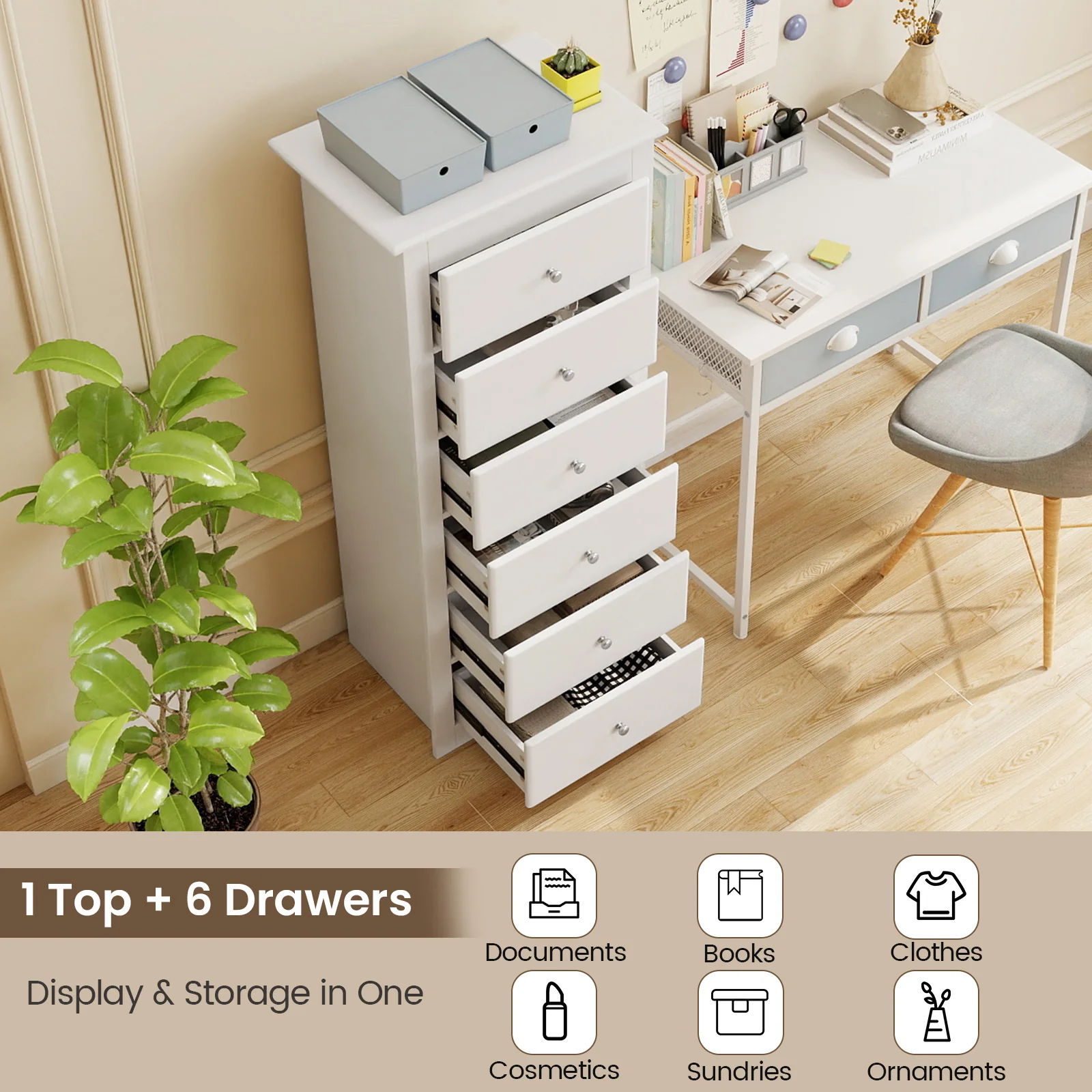 6 Drawer Chest Dresser, Bedroom Clothes Storage Cabinet, White - Image 7