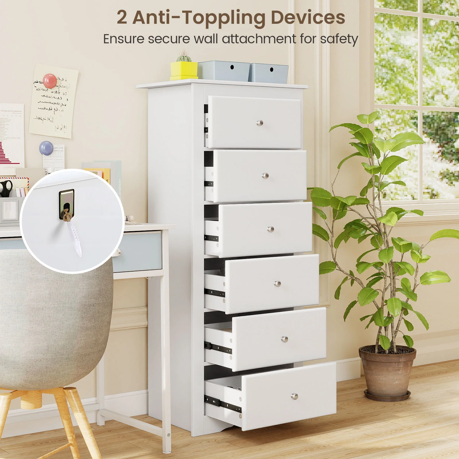 6 Drawer Chest Dresser, Bedroom Clothes Storage Cabinet, White - Image 8