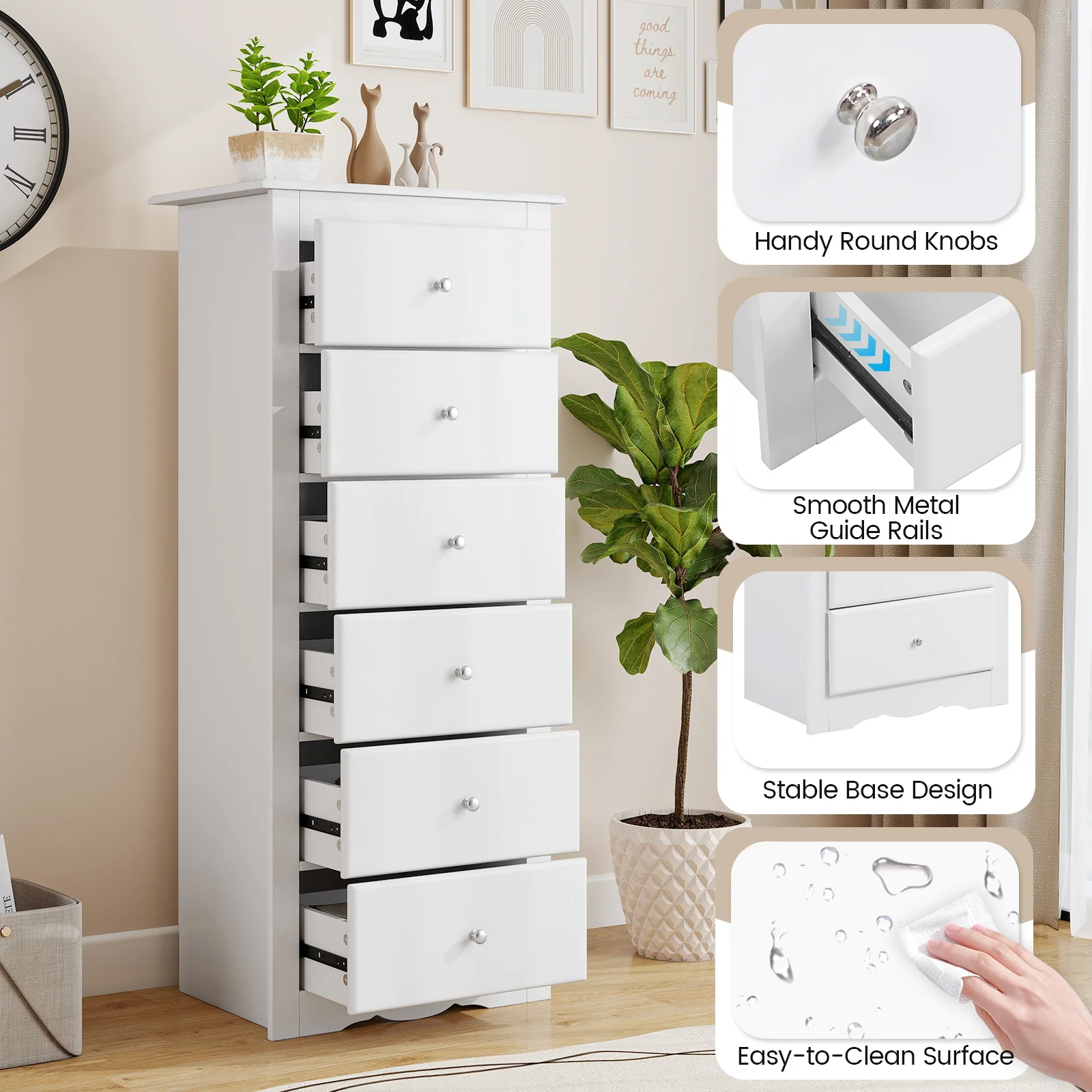 6 Drawer Chest Dresser, Bedroom Clothes Storage Cabinet, White - Image 9