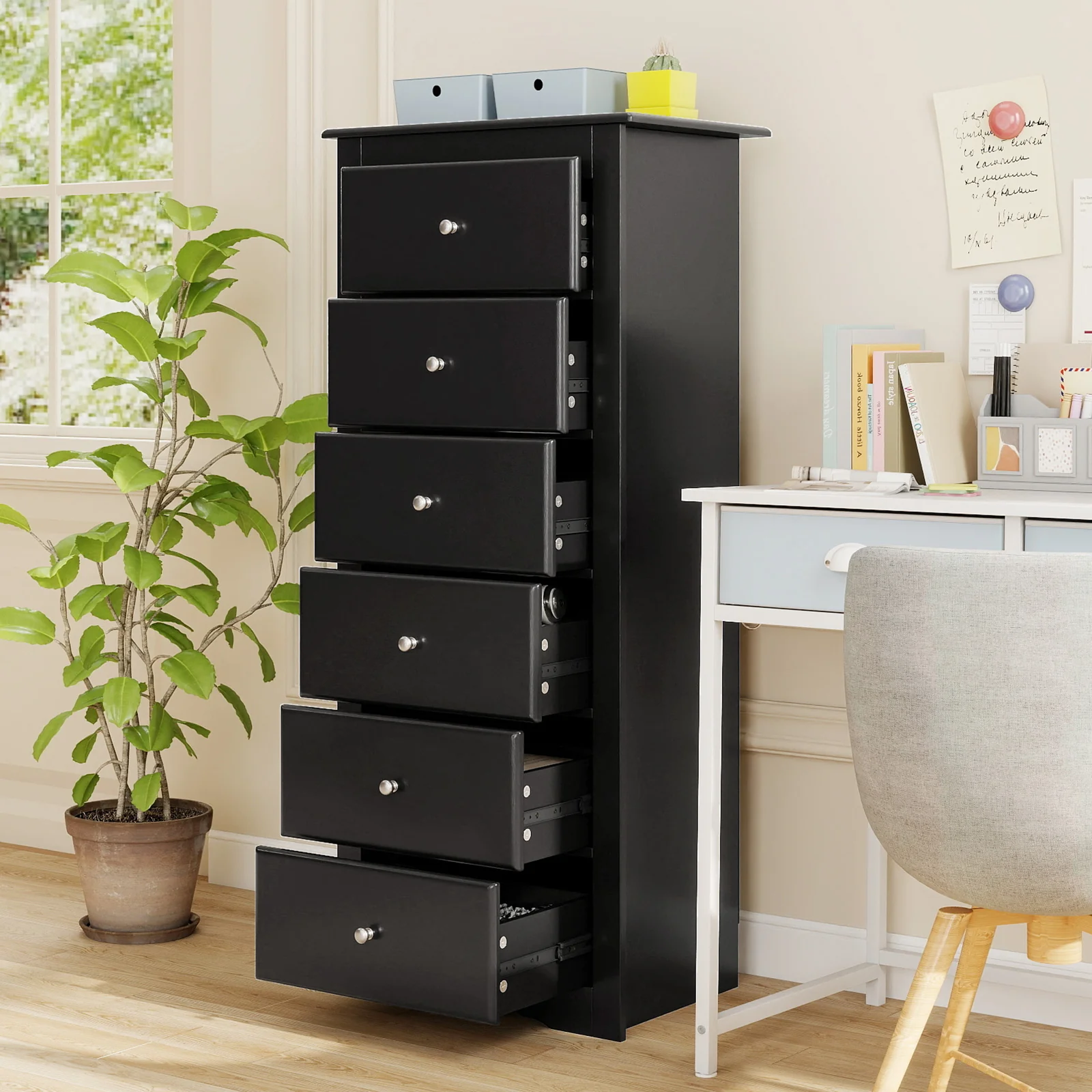 6 Drawers Chest Dresser Clothes Storage Bedroom Furniture Cabinet, Black - Image 10