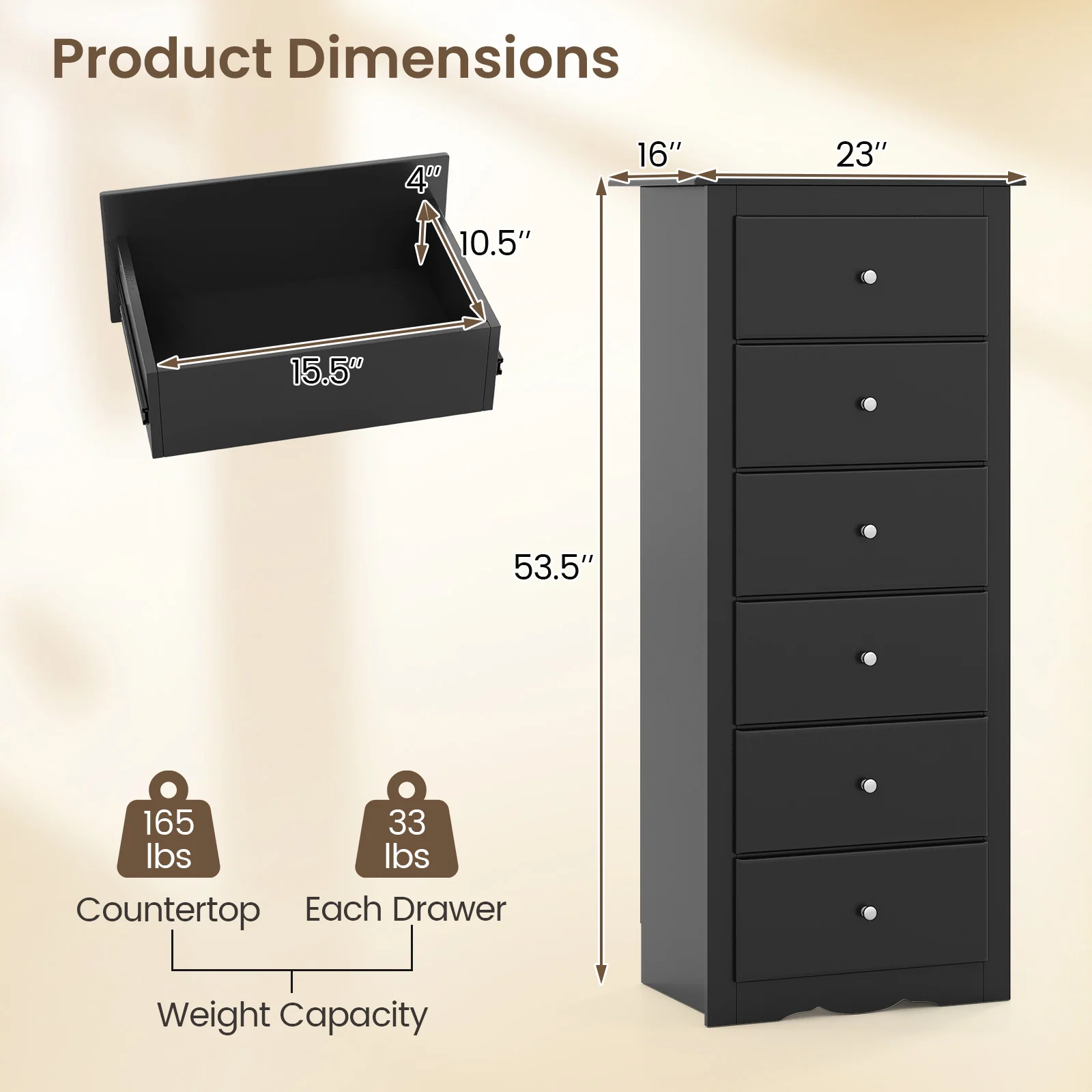 6 Drawers Chest Dresser Clothes Storage Bedroom Furniture Cabinet, Black - Image 6
