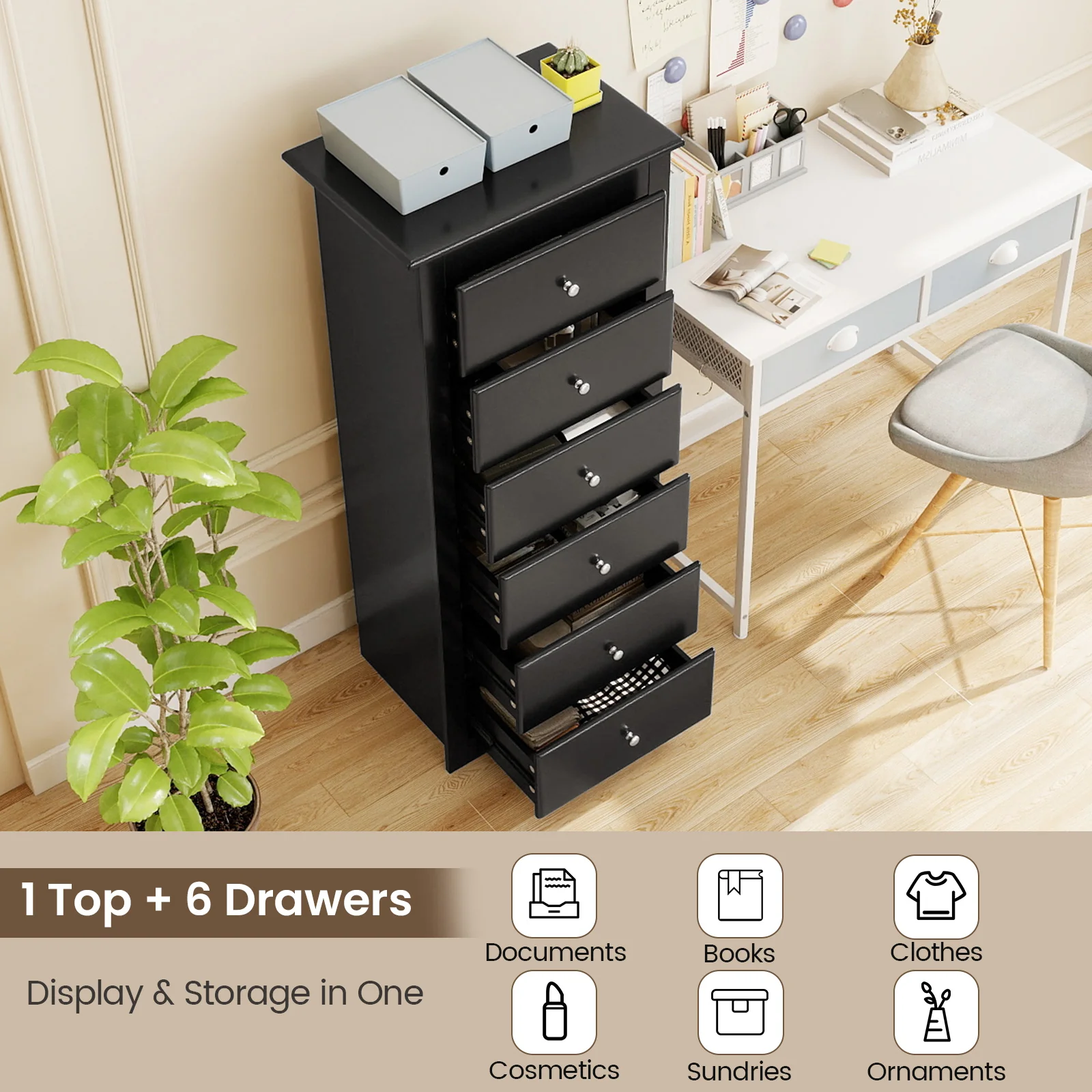 6 Drawers Chest Dresser Clothes Storage Bedroom Furniture Cabinet, Black - Image 7