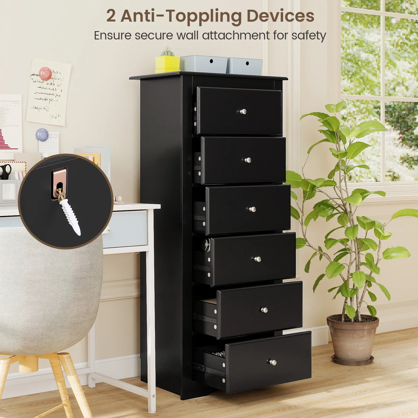 6 Drawers Chest Dresser Clothes Storage Bedroom Furniture Cabinet, Black - Image 8