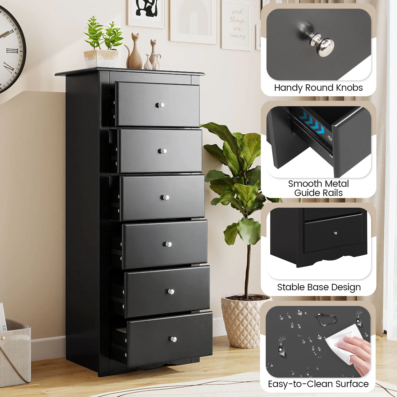 6 Drawers Chest Dresser Clothes Storage Bedroom Furniture Cabinet, Black - Image 9