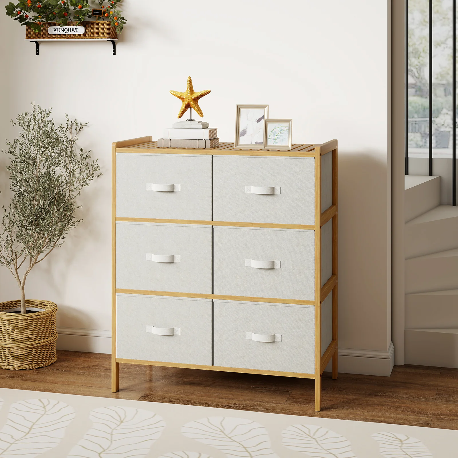 6 Drawer Fabric Dresser, 6 Folding Bins, Natural - Image 2
