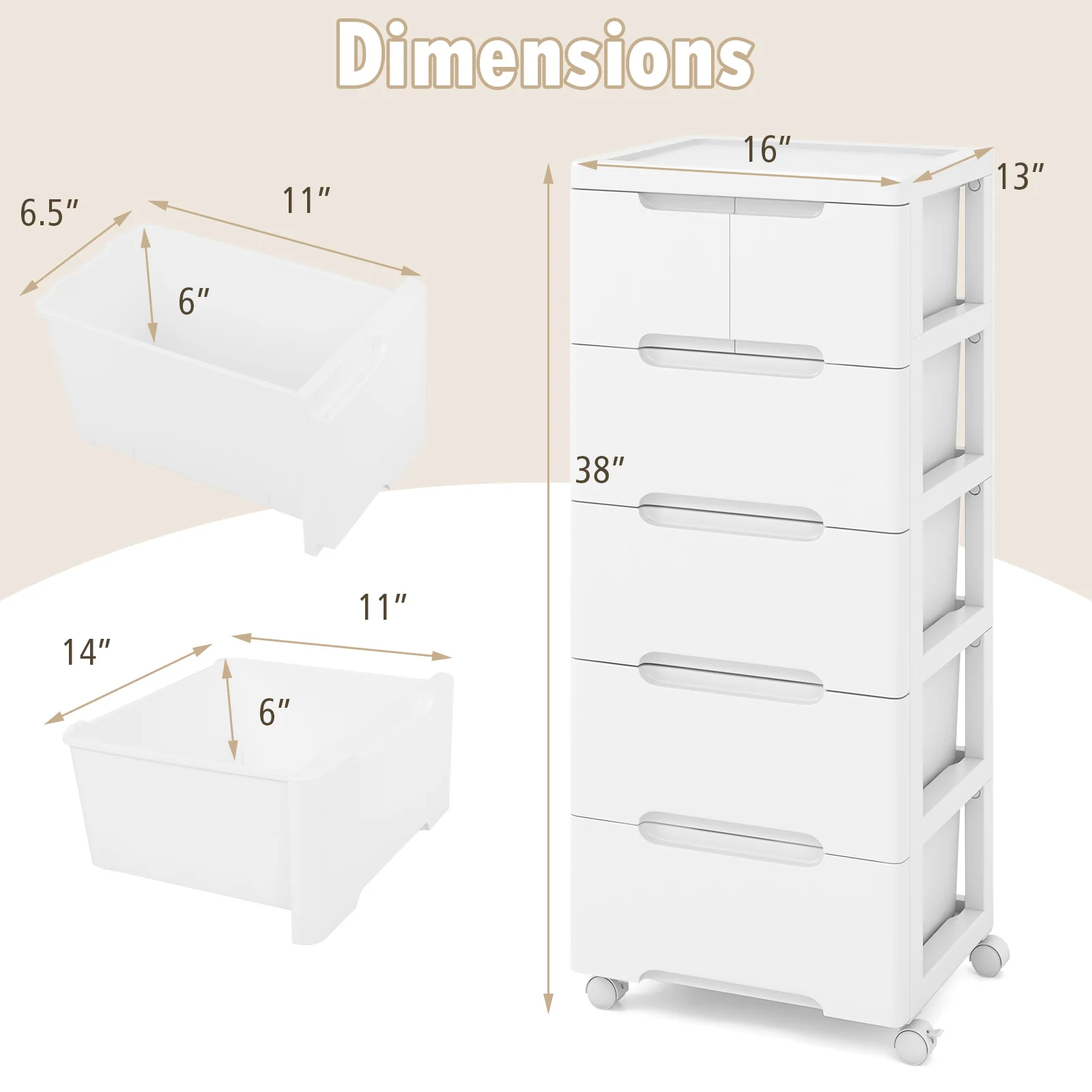 6-Drawer Rolling Storage Cabinet With Universal Wheels, White - Image 5