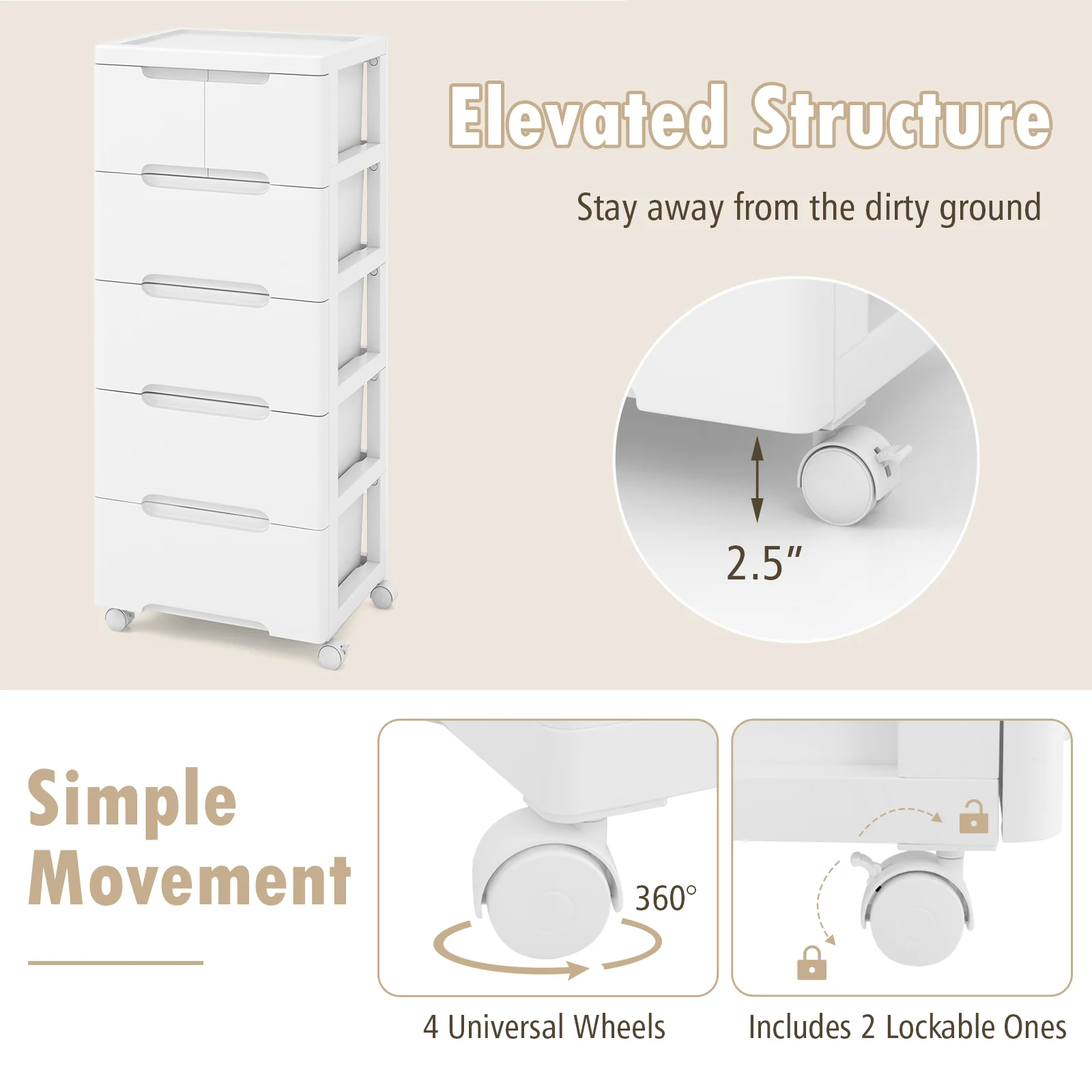 6-Drawer Rolling Storage Cabinet With Universal Wheels, White - Image 9