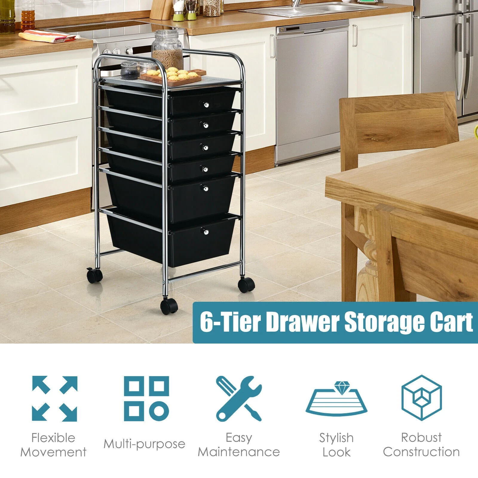 6 Drawer Rolling Storage Cart Organizer, Black - Image 3