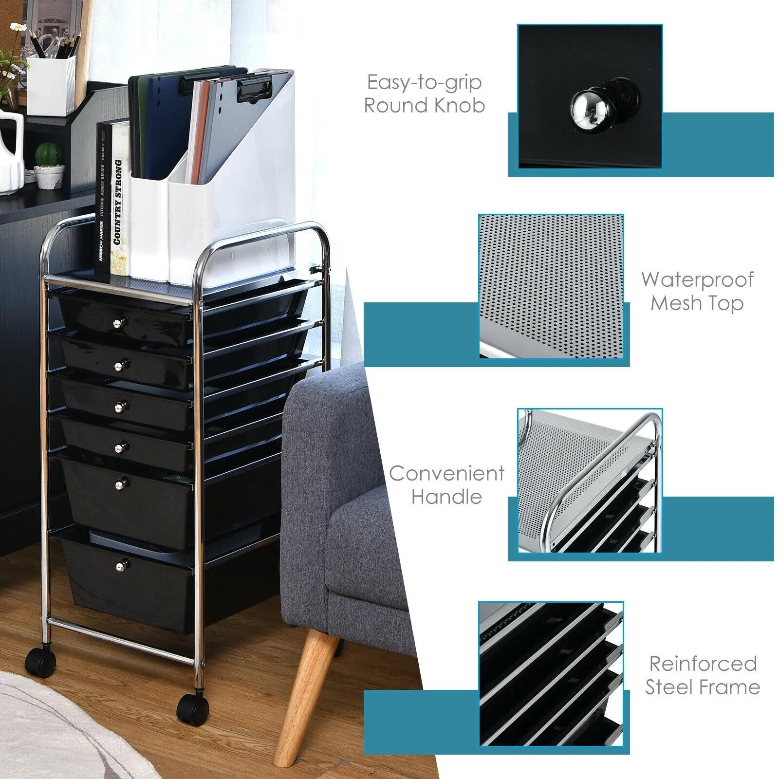 6 Drawer Rolling Storage Cart Organizer, Black - Image 6