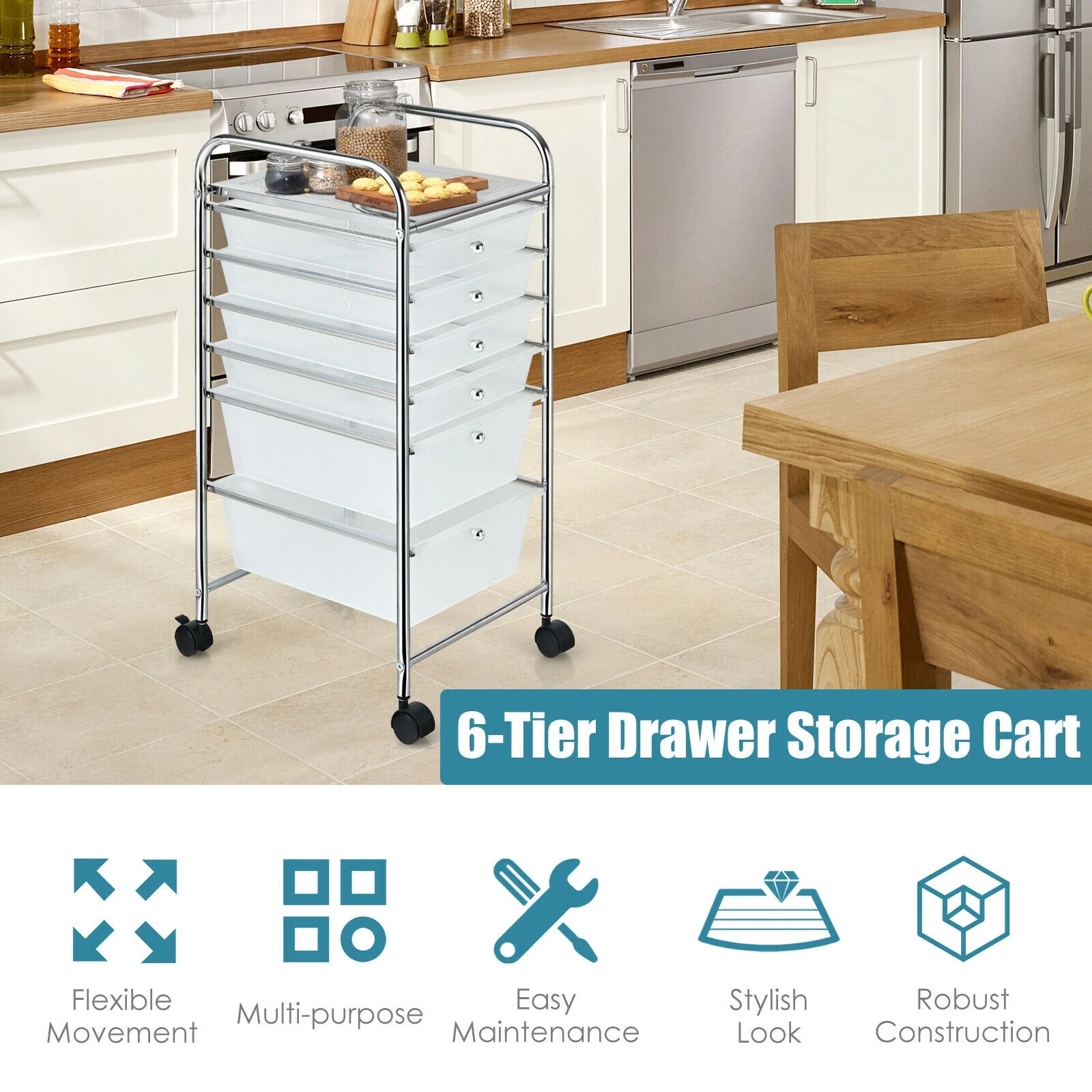 6 Drawer Rolling Storage Cart Organizer, Transparent - Image 3