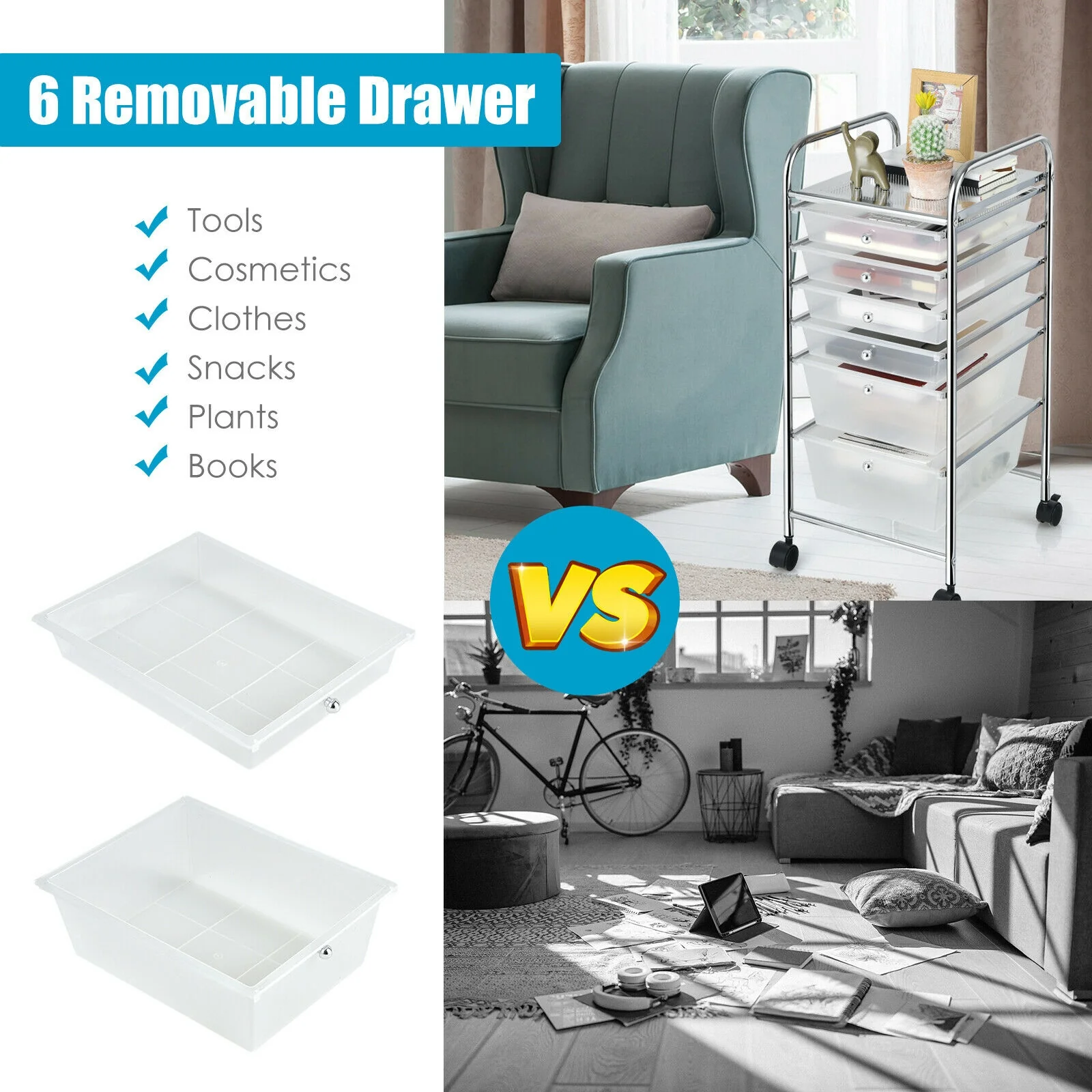 6 Drawer Rolling Storage Cart Organizer, Transparent - Image 6