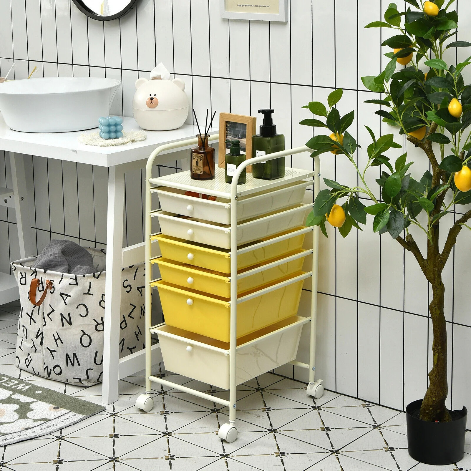 6 Drawer Rolling Storage Cart Organizer, Yellow - Image 2