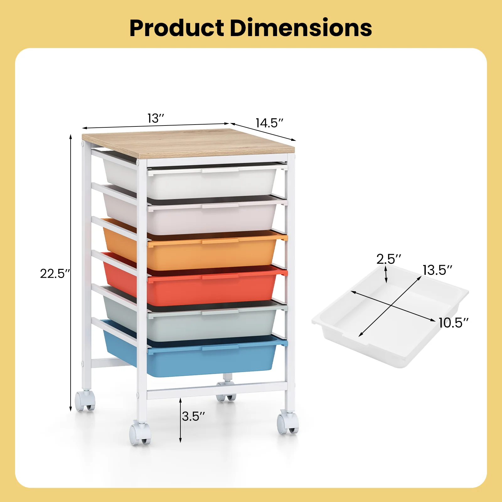 6-Drawer Rolling Storage Cart With Wooden Tabletop, Macaron - Image 6