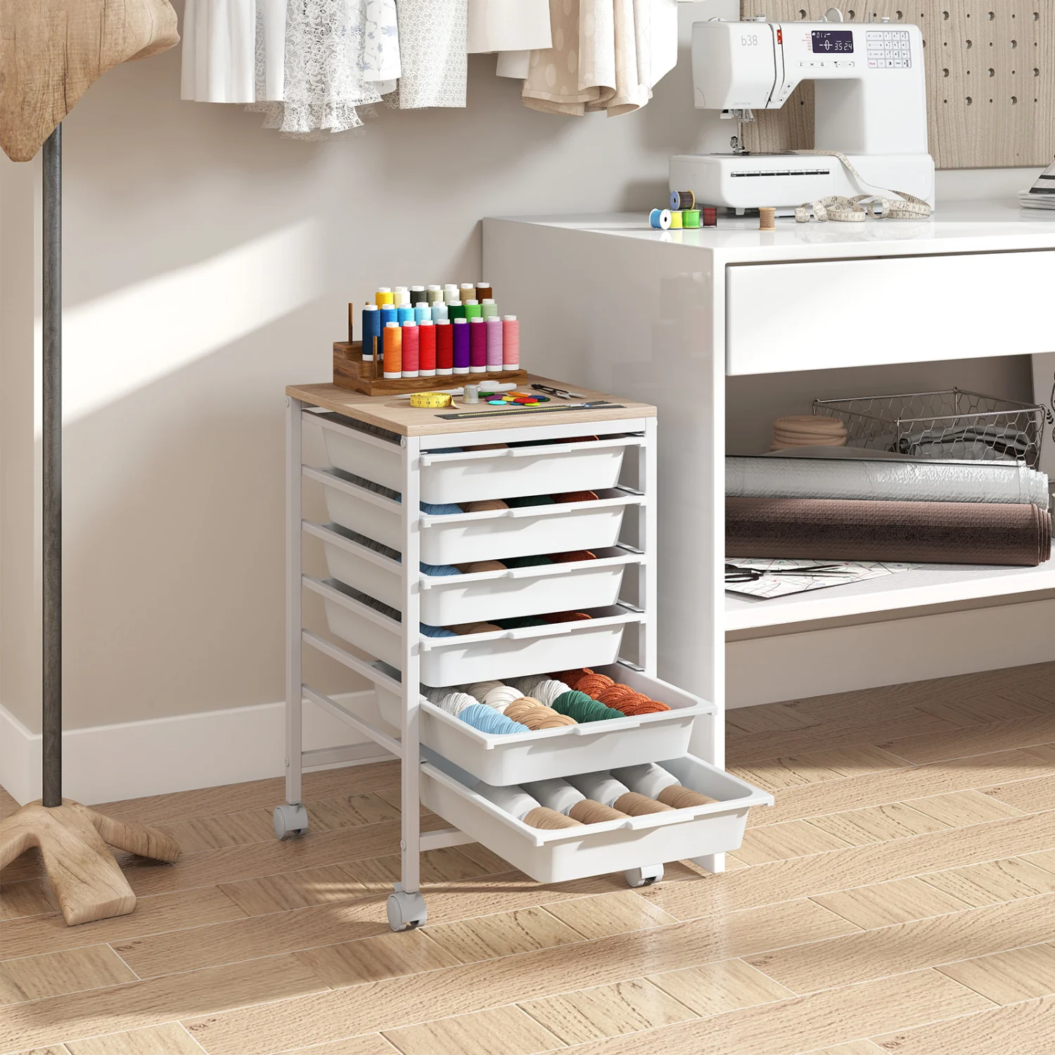6-Drawer Rolling Storage Cart with Wooden Tabletop, White - Image 2