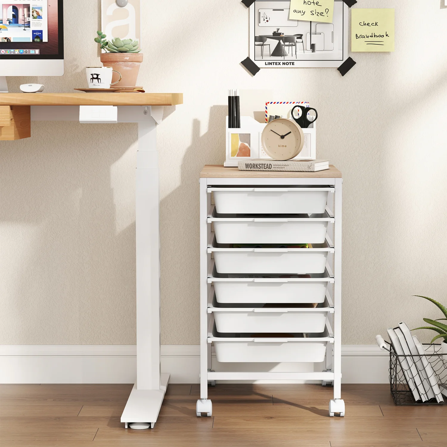 6-Drawer Rolling Storage Cart with Wooden Tabletop, White - Image 3