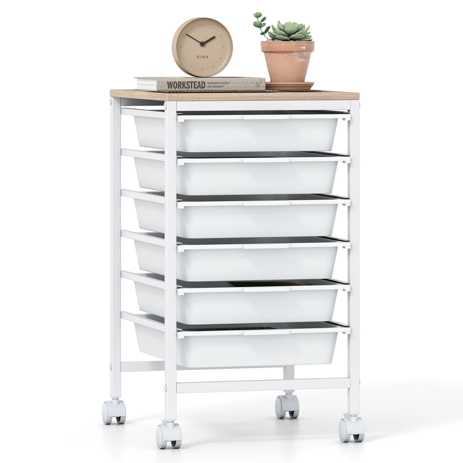 6-Drawer Rolling Storage Cart with Wooden Tabletop, White - Image 4