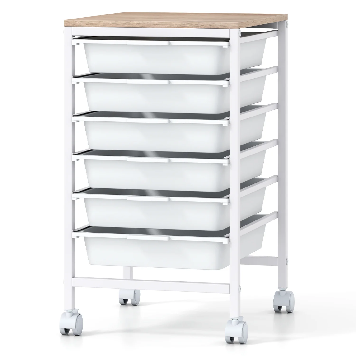 6-Drawer Rolling Storage Cart with Wooden Tabletop, White - Image 5