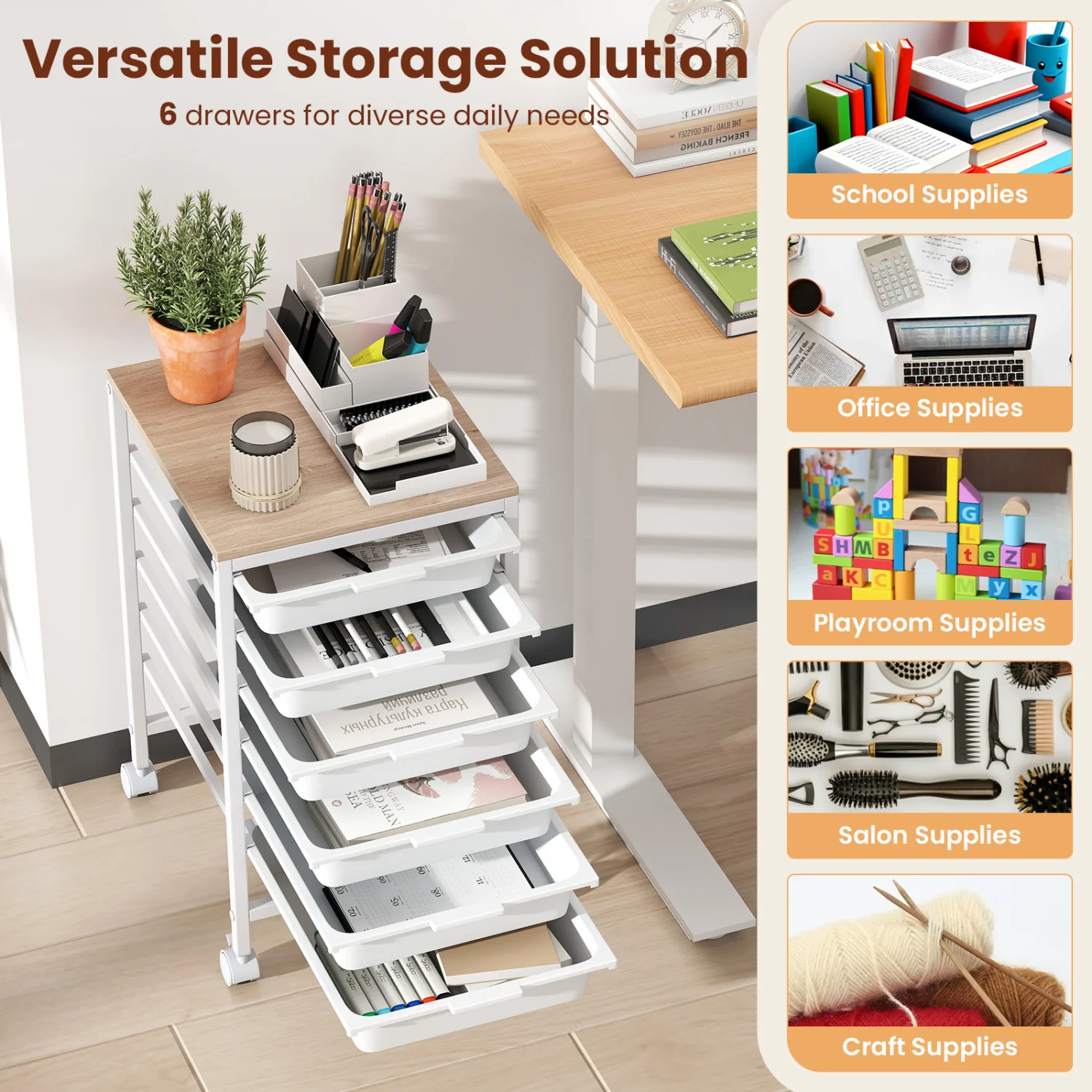 6-Drawer Rolling Storage Cart with Wooden Tabletop, White - Image 7