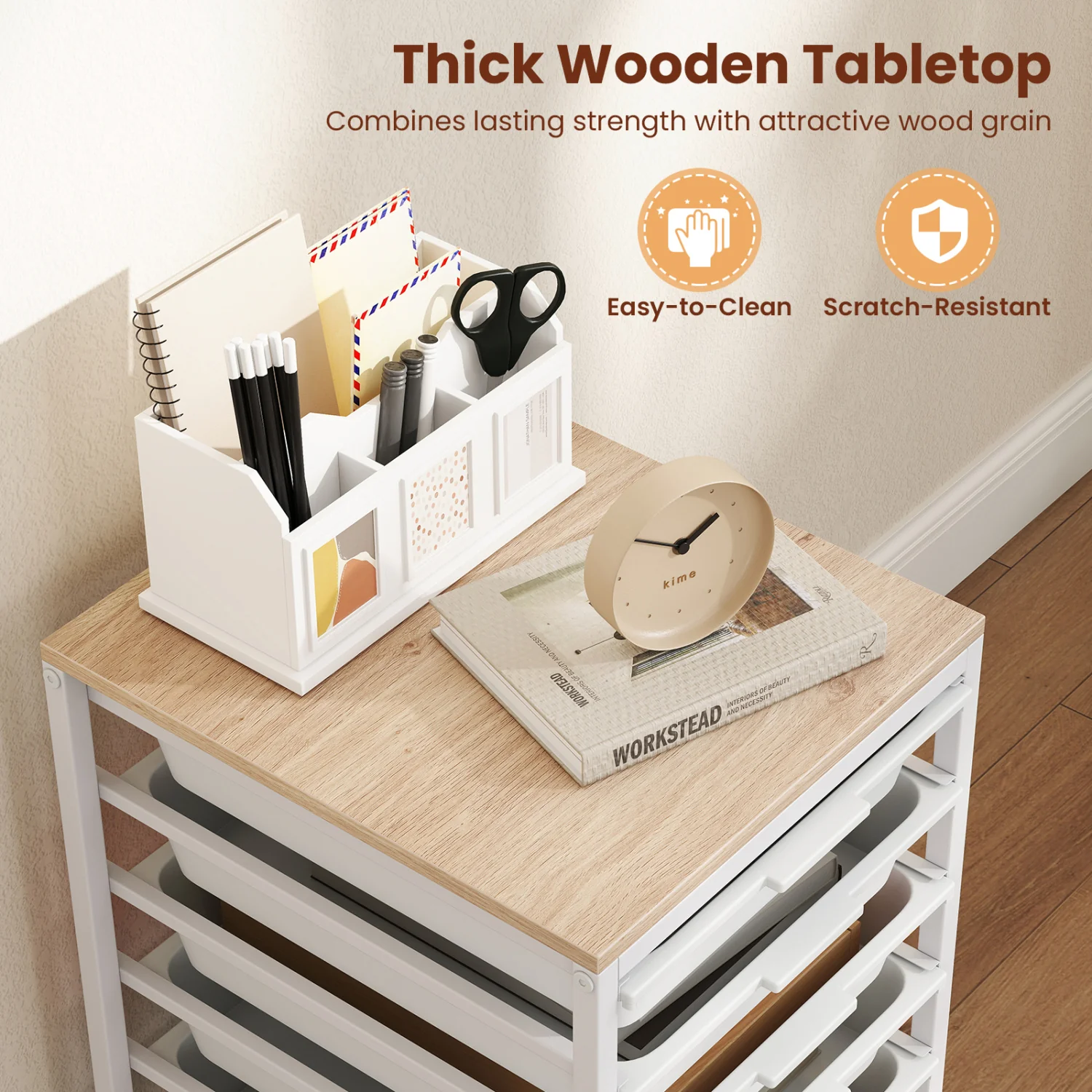 6-Drawer Rolling Storage Cart with Wooden Tabletop, White - Image 8