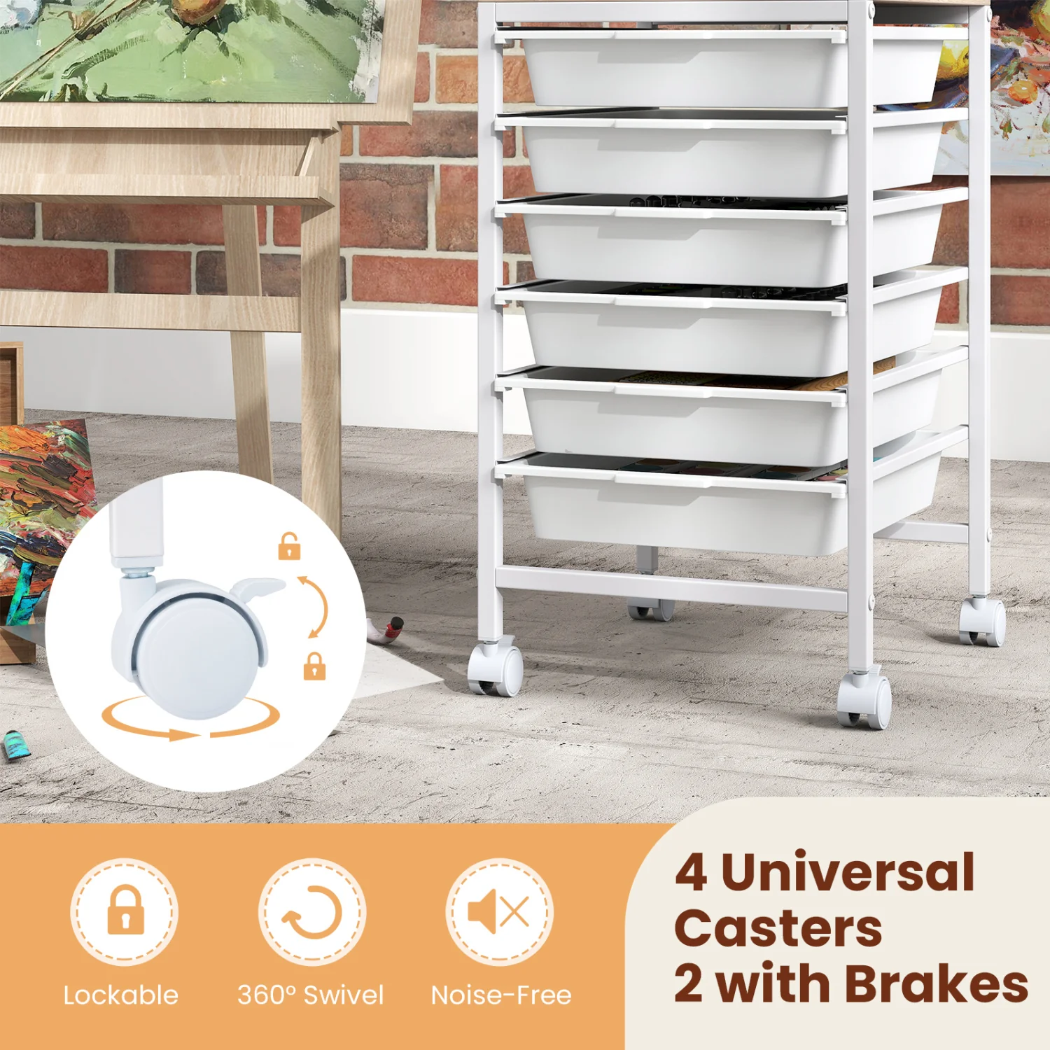 6-Drawer Rolling Storage Cart with Wooden Tabletop, White - Image 9