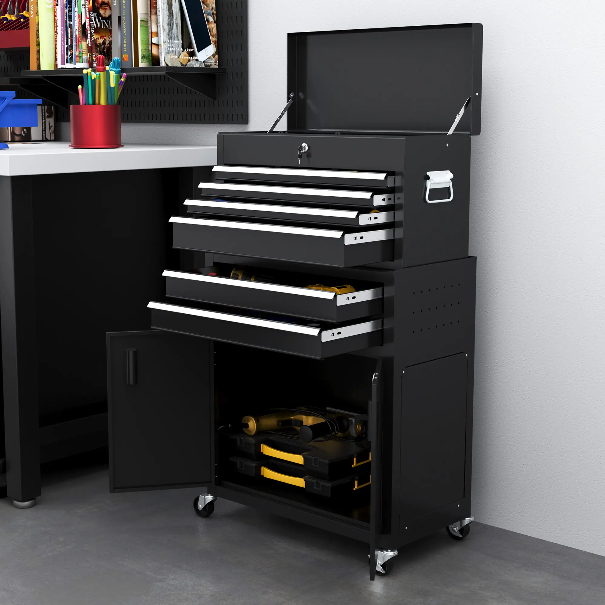 6-Drawer Rolling Tool Chest, Lockable Storage Cabinet with Hooks, Black - Image 9