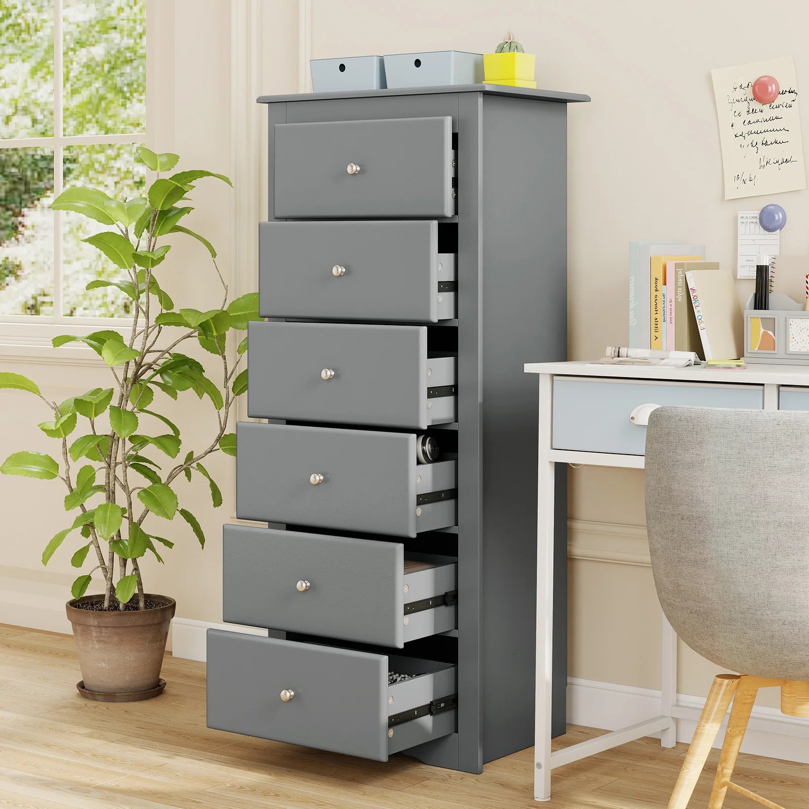 6 Drawers Chest Dresser, Bedroom Furniture Cabinet, Gray - Image 10