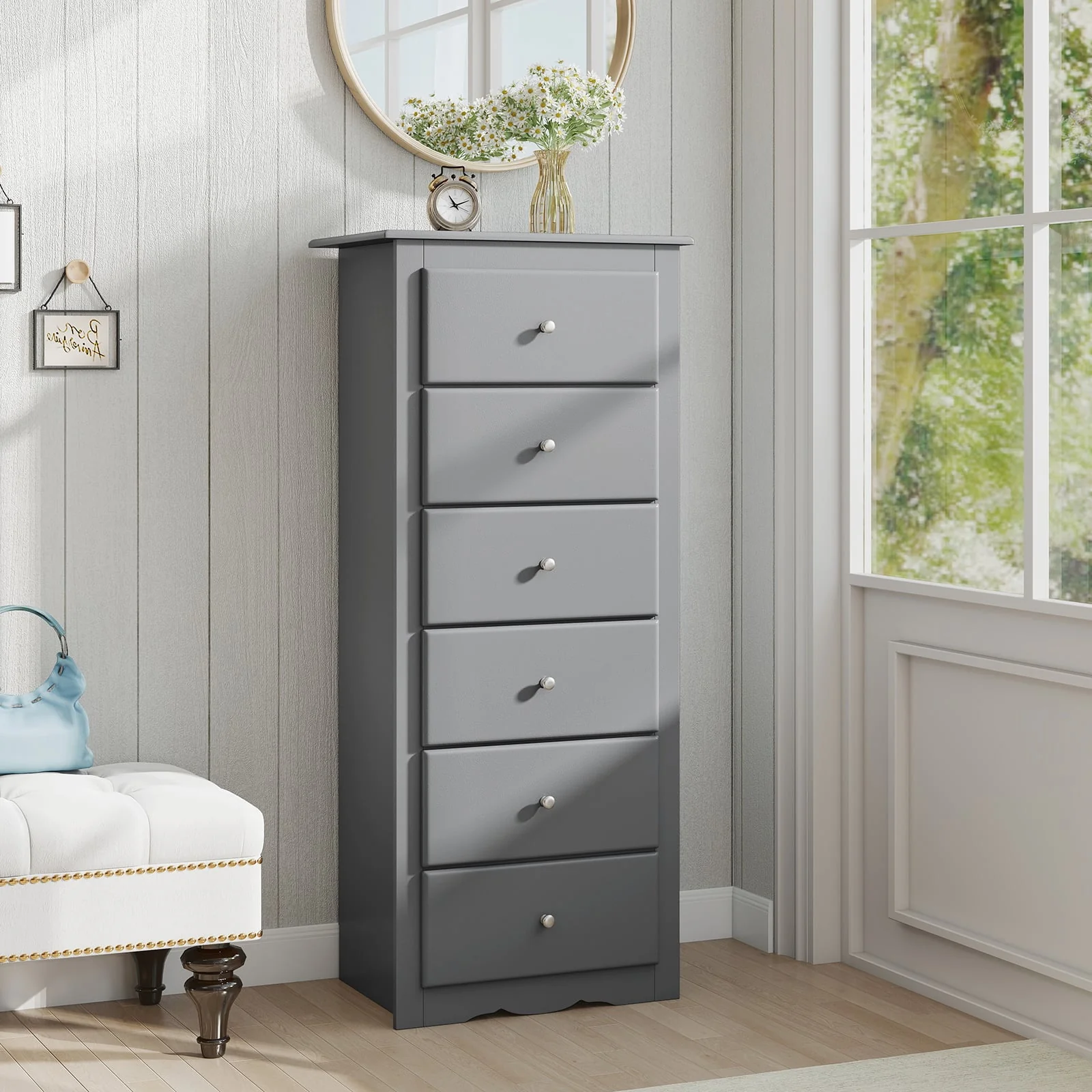 6 Drawers Chest Dresser, Bedroom Furniture Cabinet, Gray - Image 2