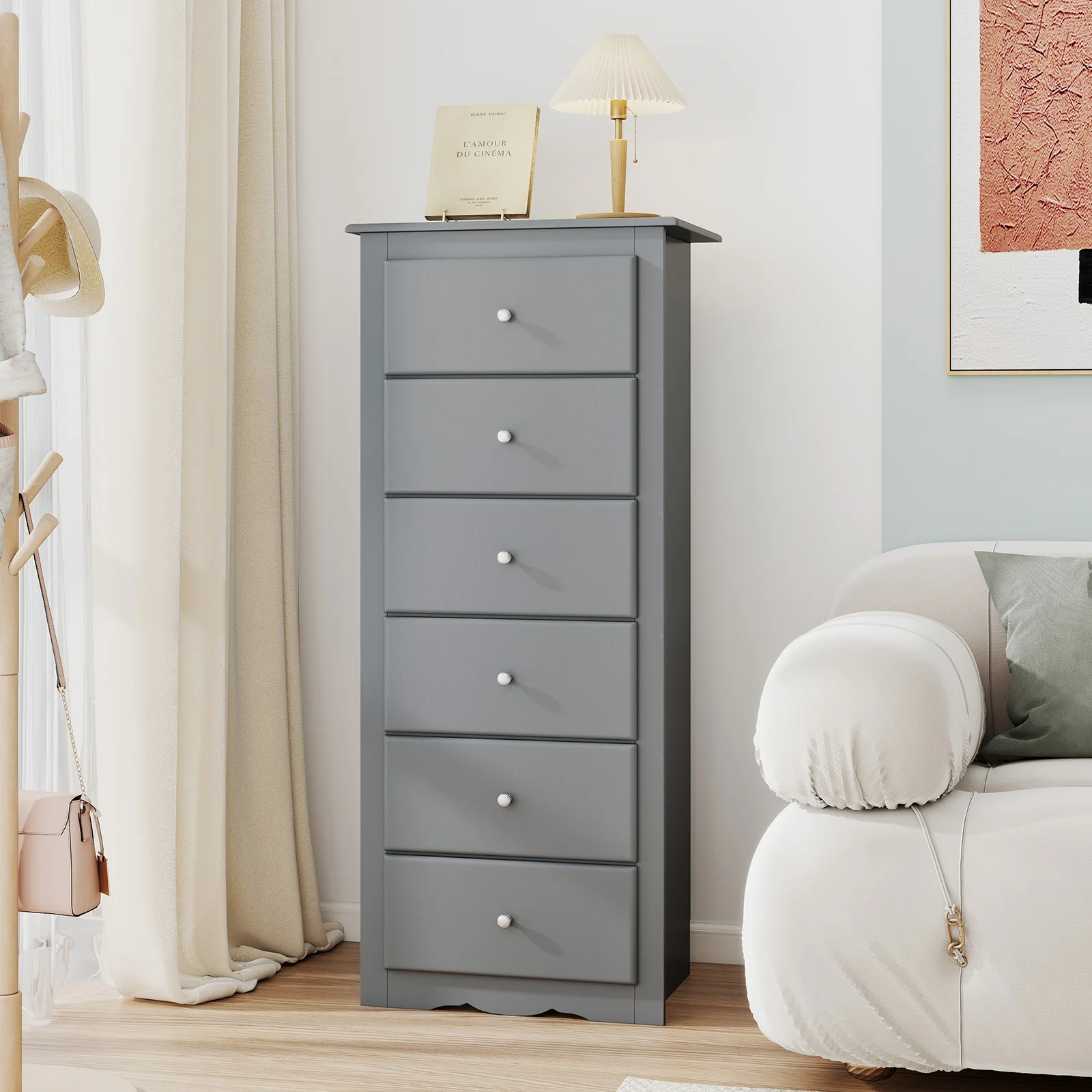 6 Drawers Chest Dresser, Bedroom Furniture Cabinet, Gray - Image 3