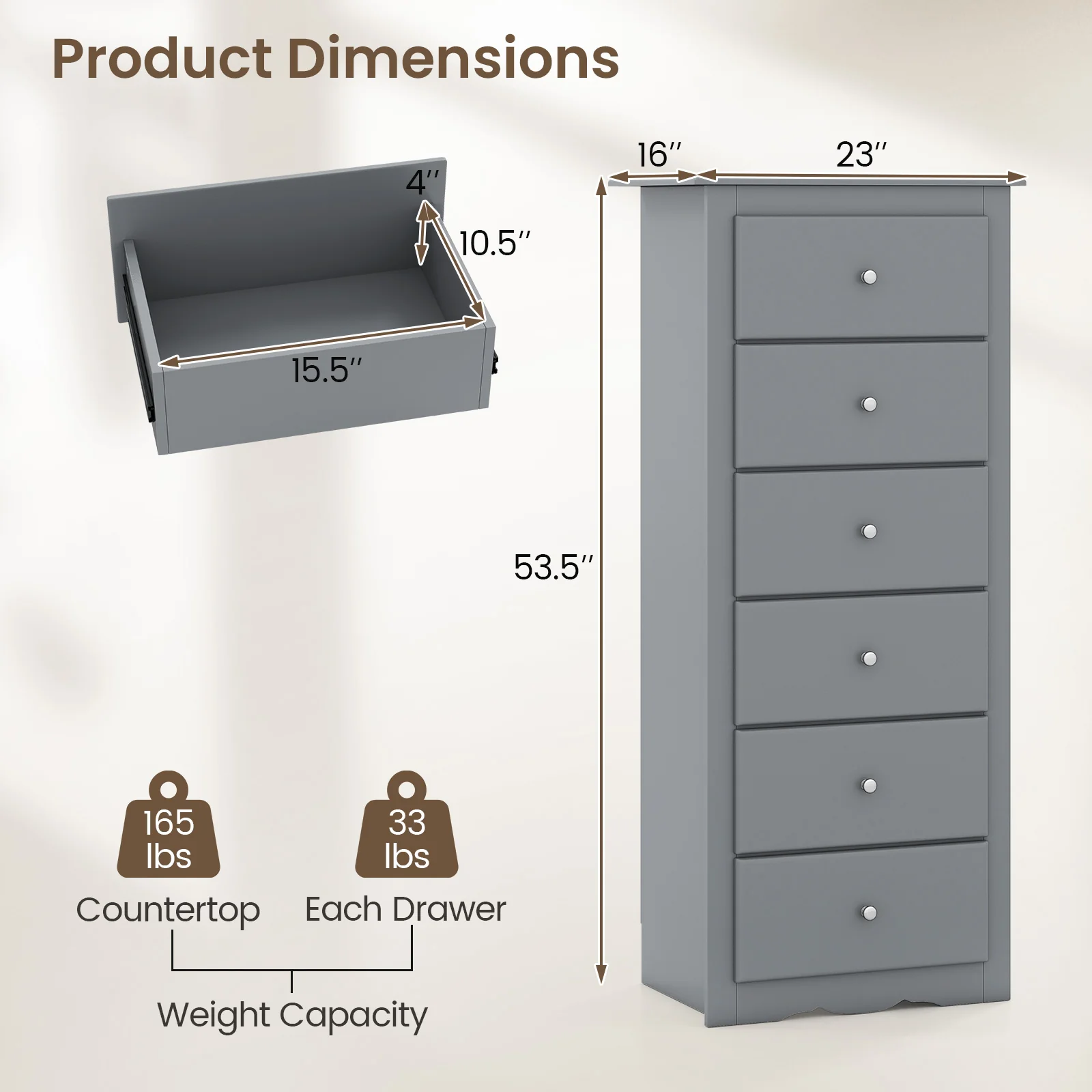 6 Drawers Chest Dresser, Bedroom Furniture Cabinet, Gray - Image 6